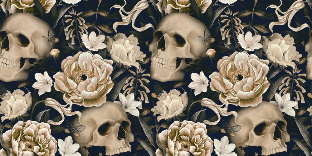 Peonies and Skulls Dark Blue