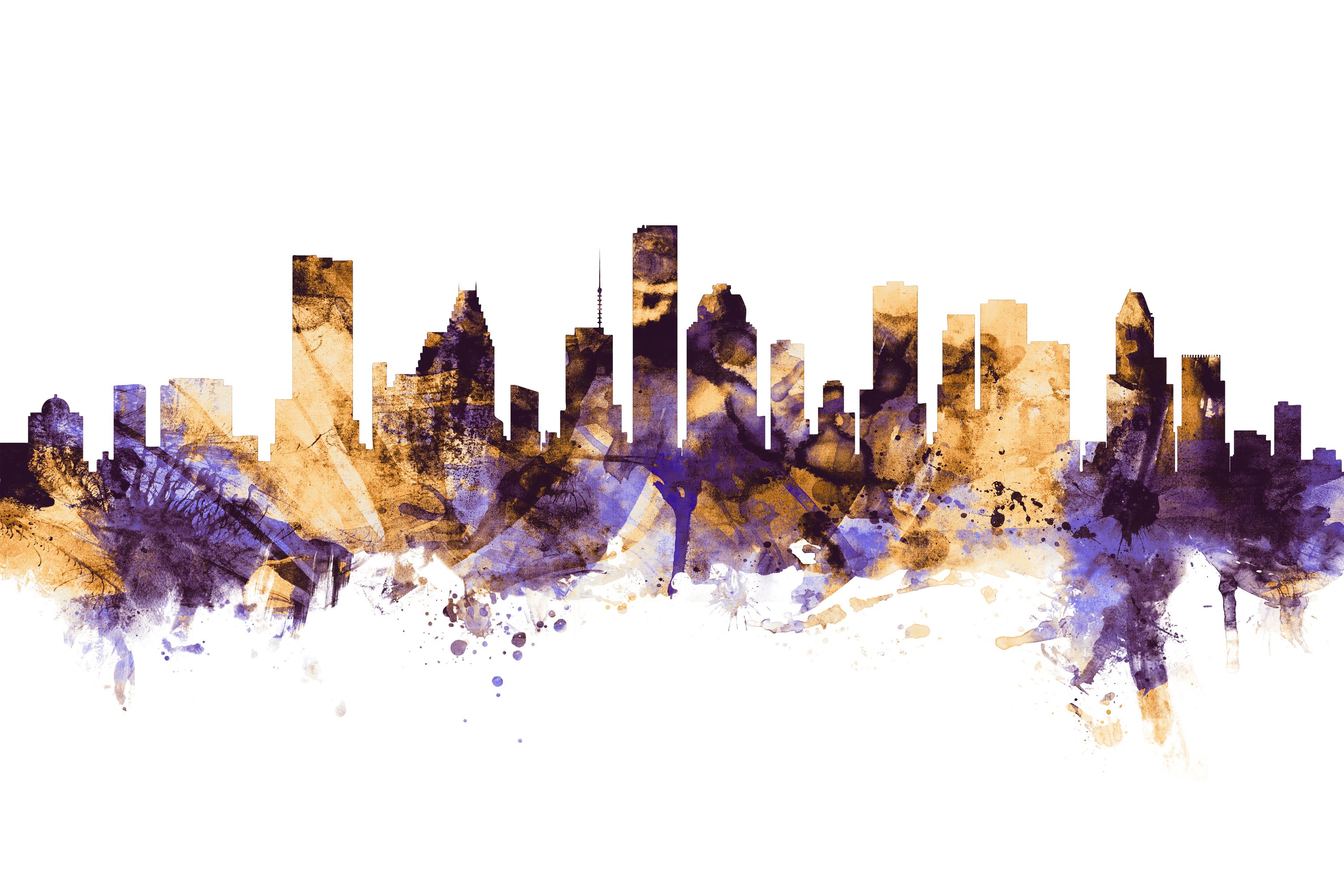 Houston City Skyline - Black Watercolor on White Background with