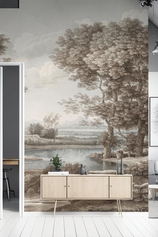 Riverbank Oak Landscape, Vintage