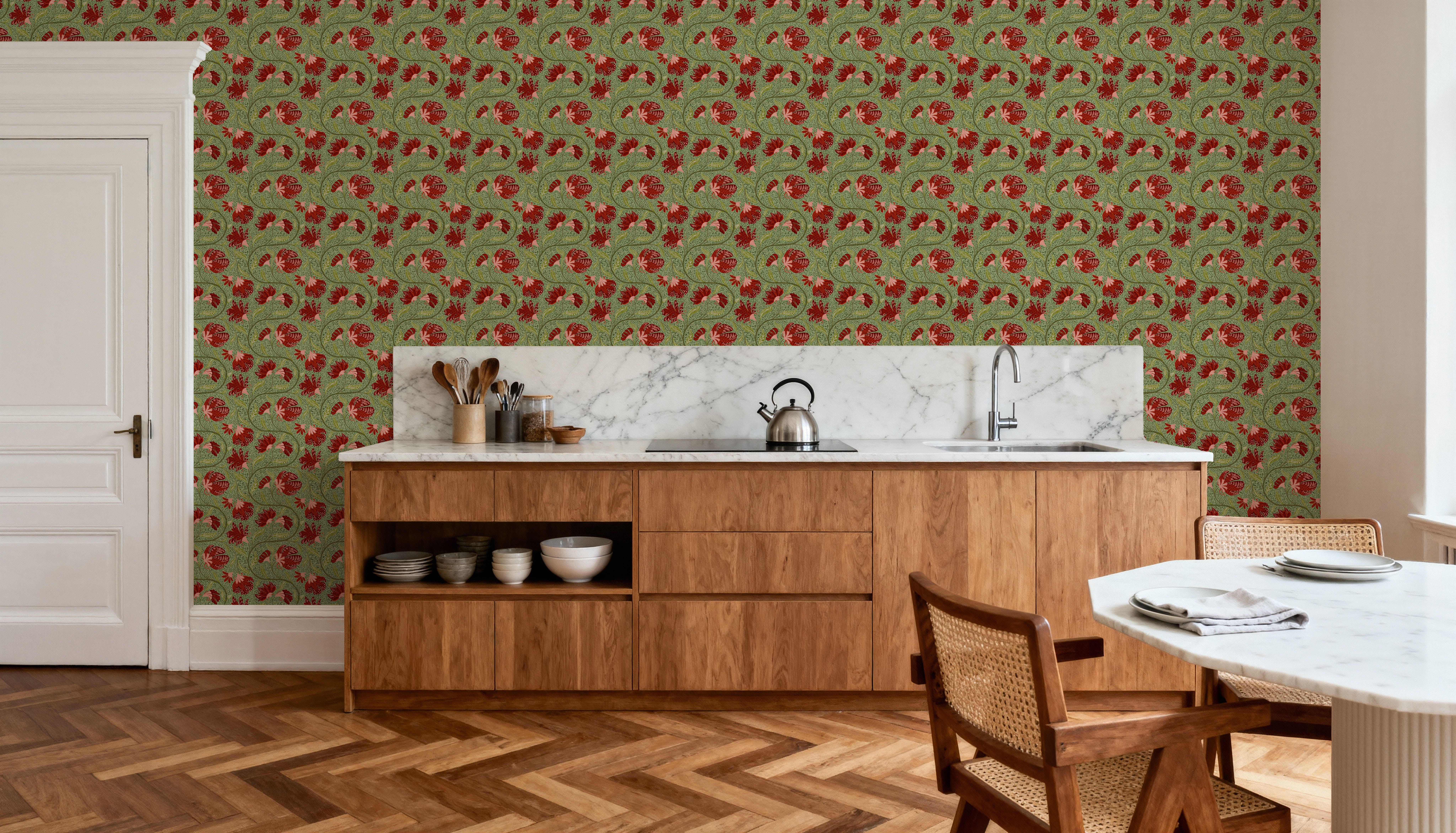 Indial Floral, Vermilion on Pistachio