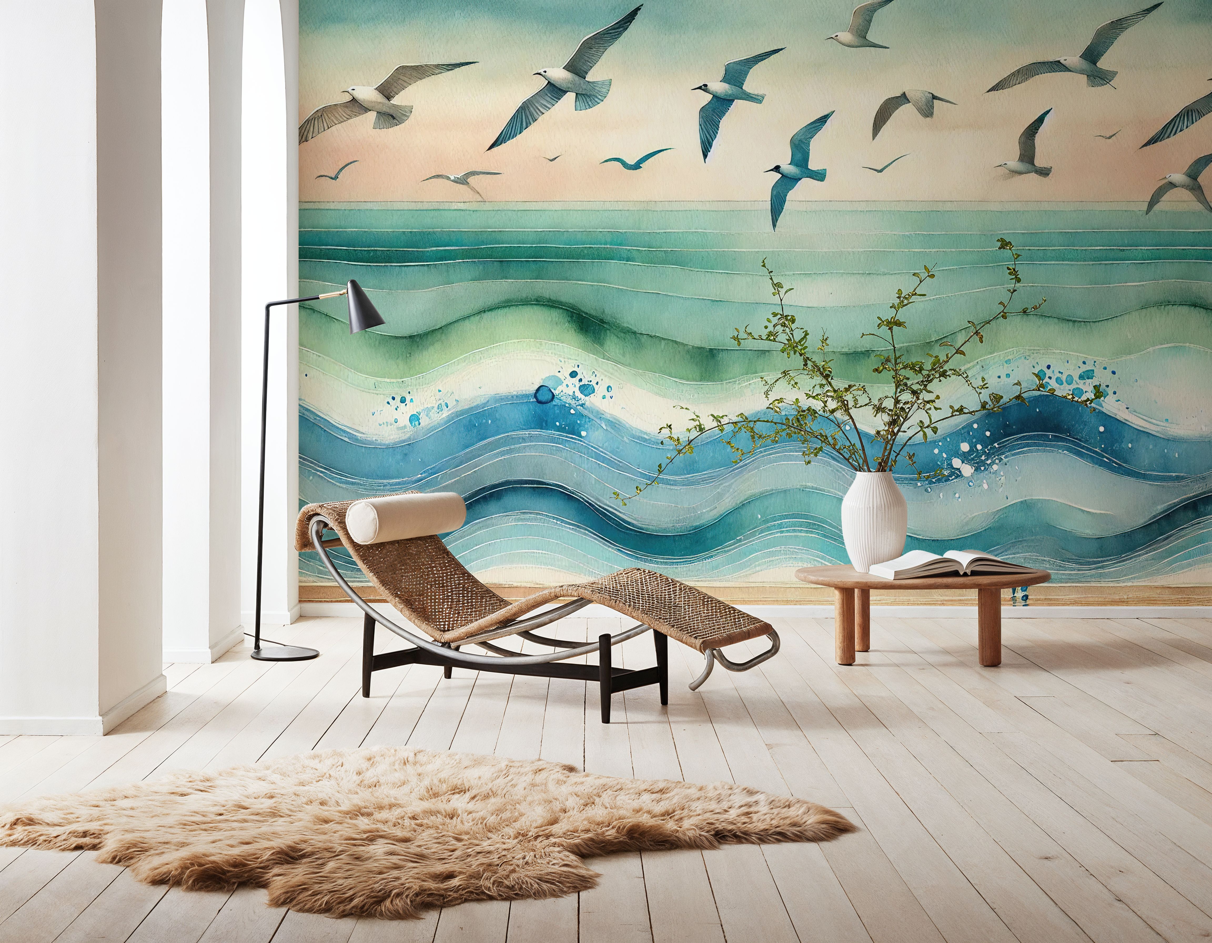 Seagulls Soar Above Waves in Art Deco