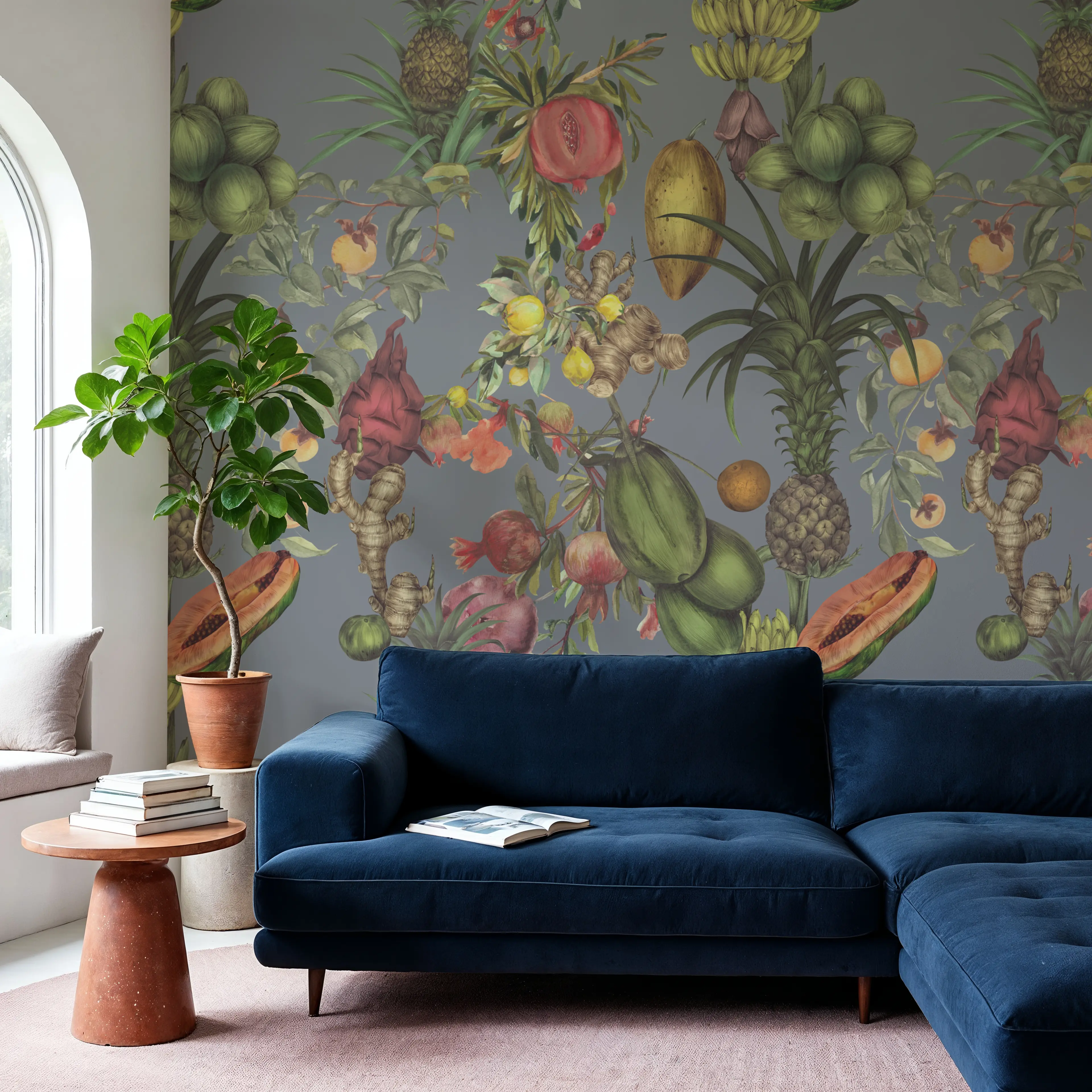 Papier Peint - Juicy Fruits, French Blue - Floral Nature - Vert - Salon - Wallism Belgique - Encollage au mur ou Autocollant