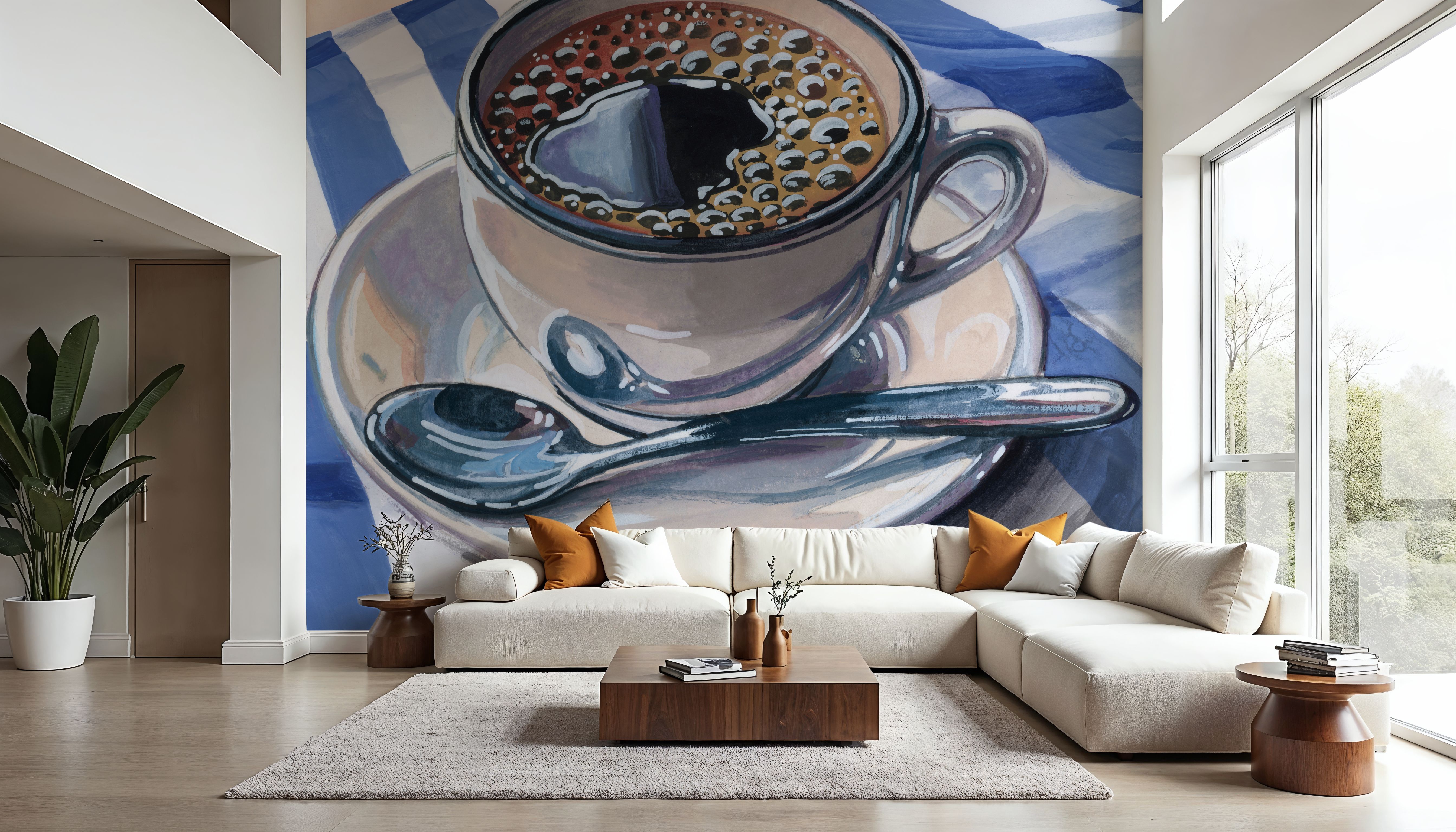 Black Coffee On Striped Cloth