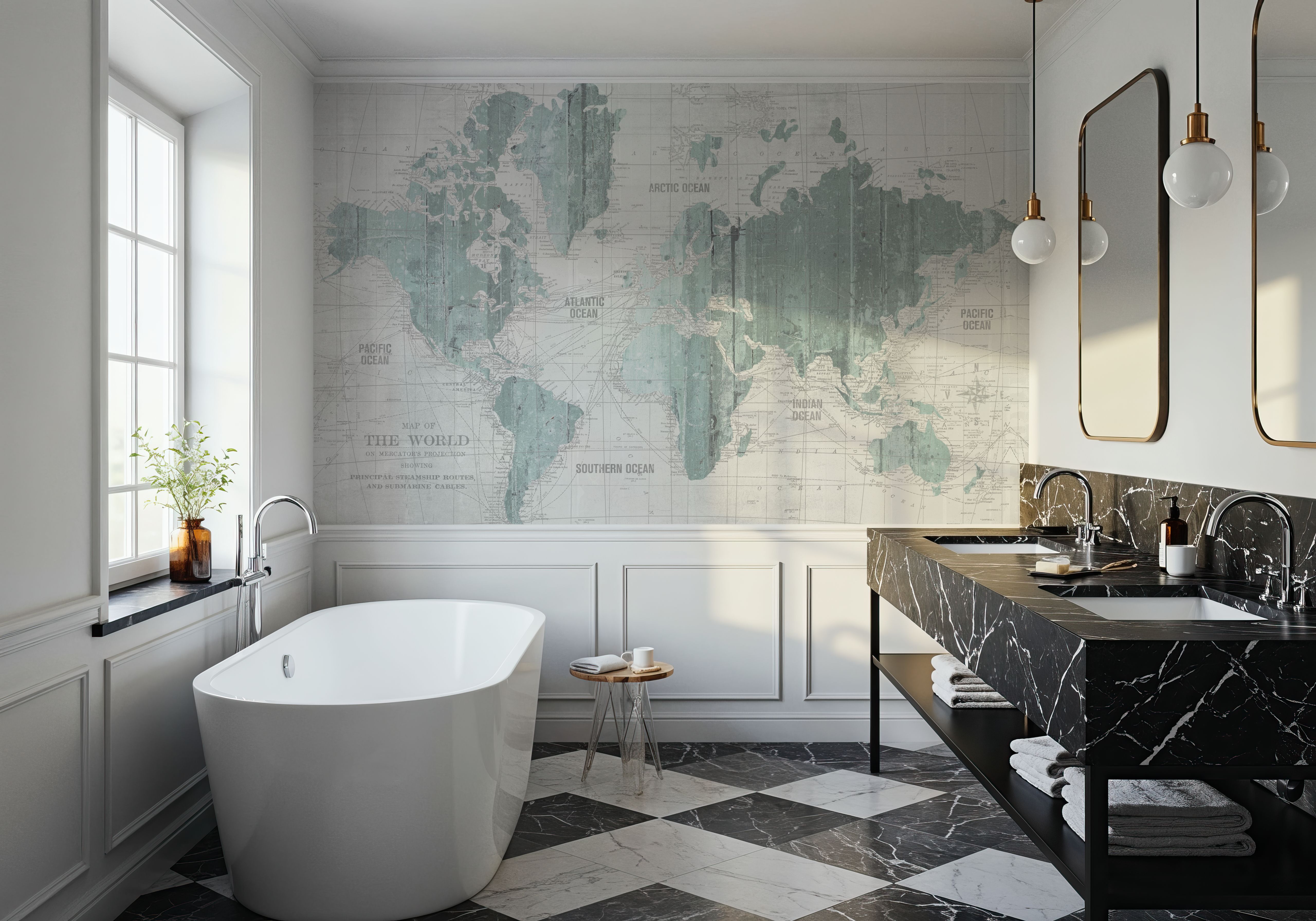 Old World Map Mint Gray