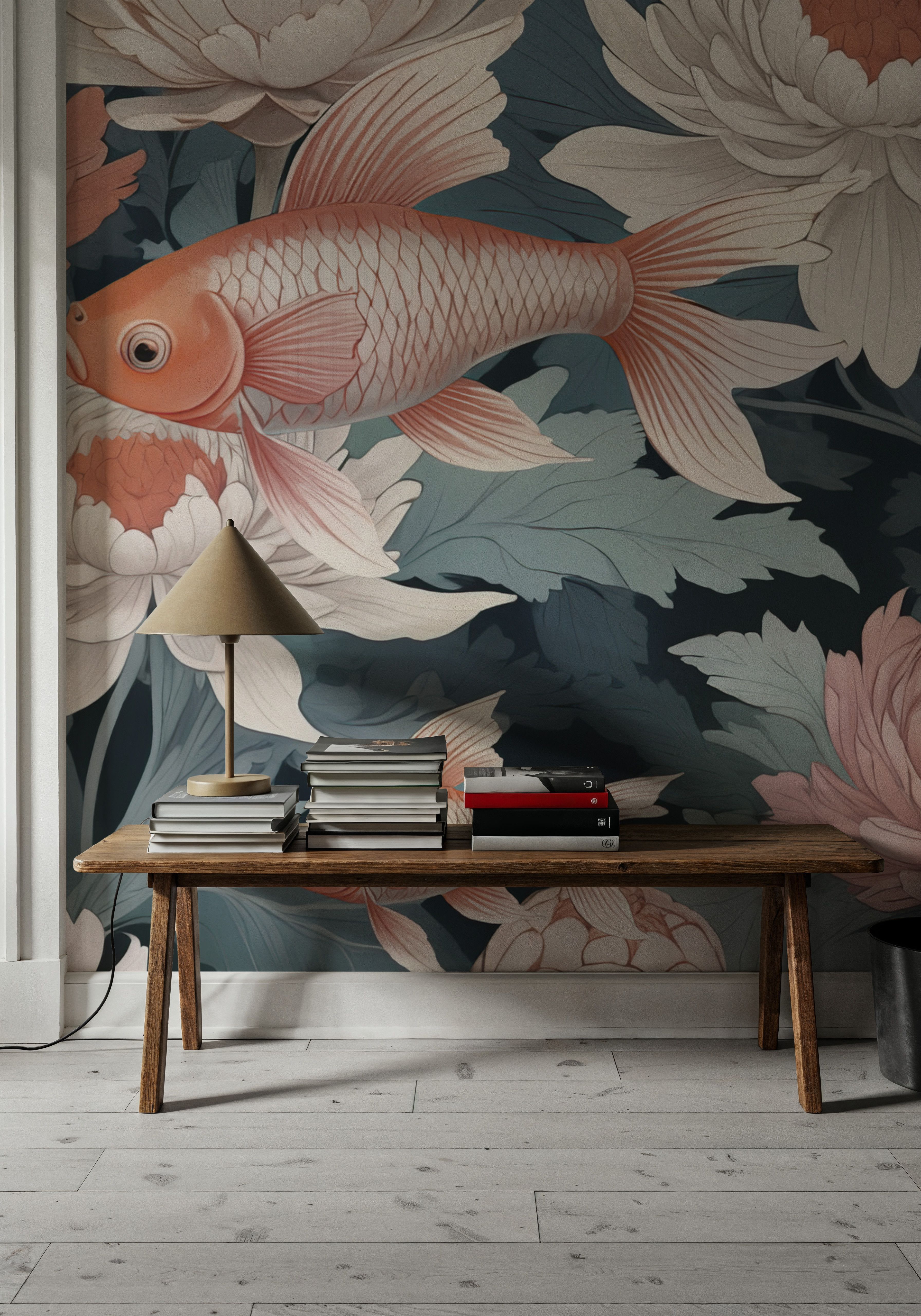 Dancing Fish, Peach on Teal