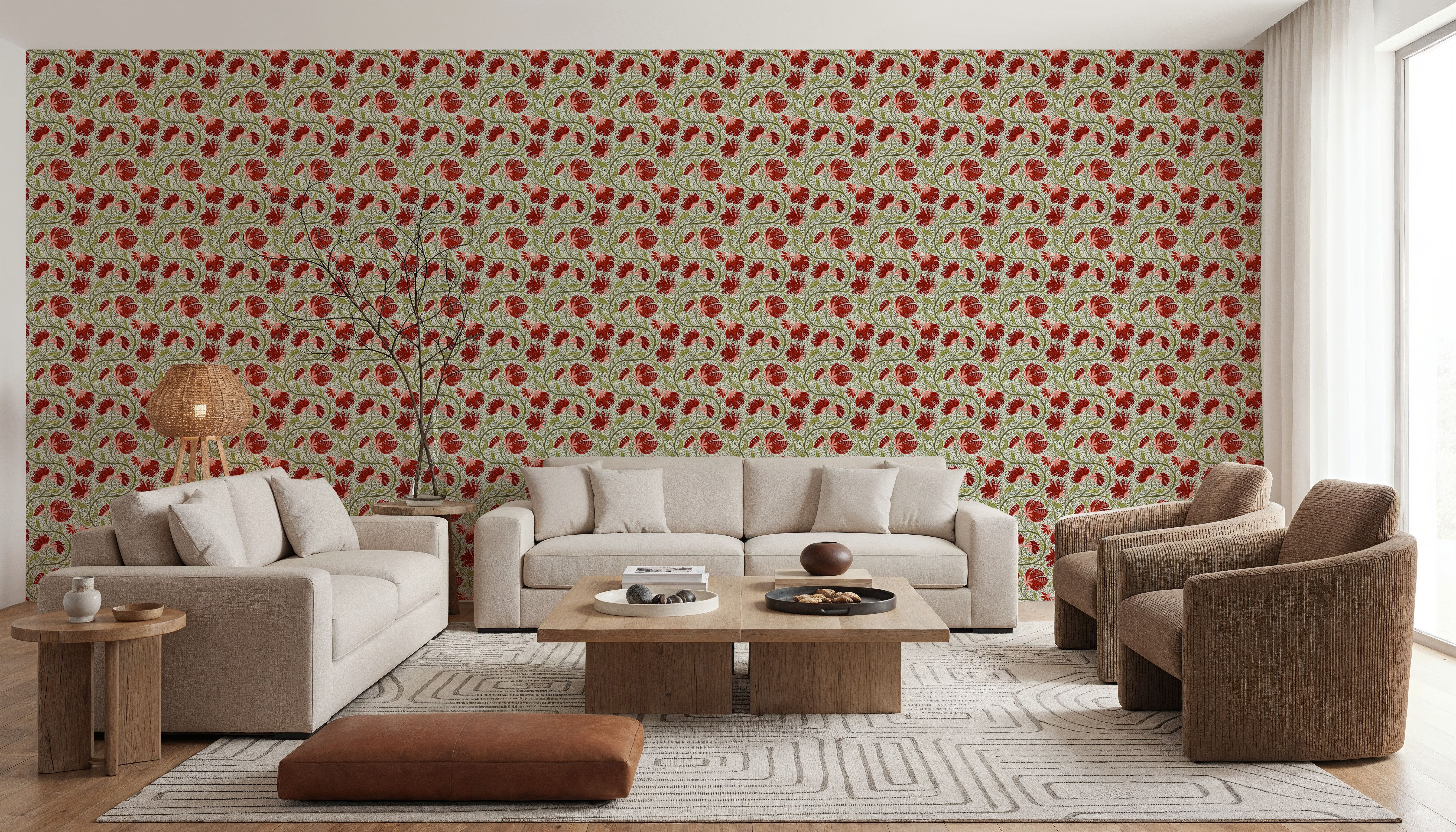 Indial Floral, Vermilion on Snow
