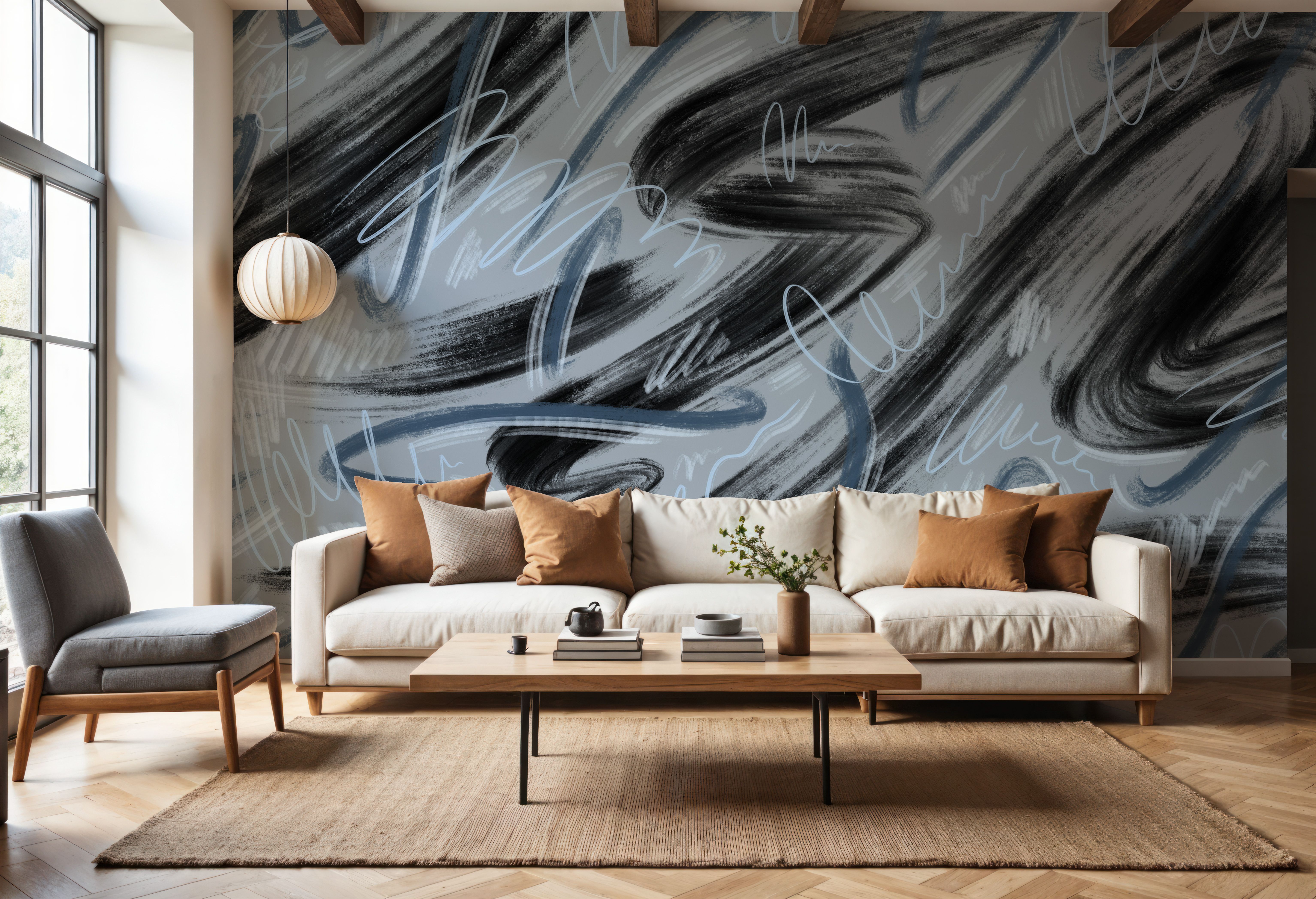 Scribble Flow, Denim Blue, Wallpaper