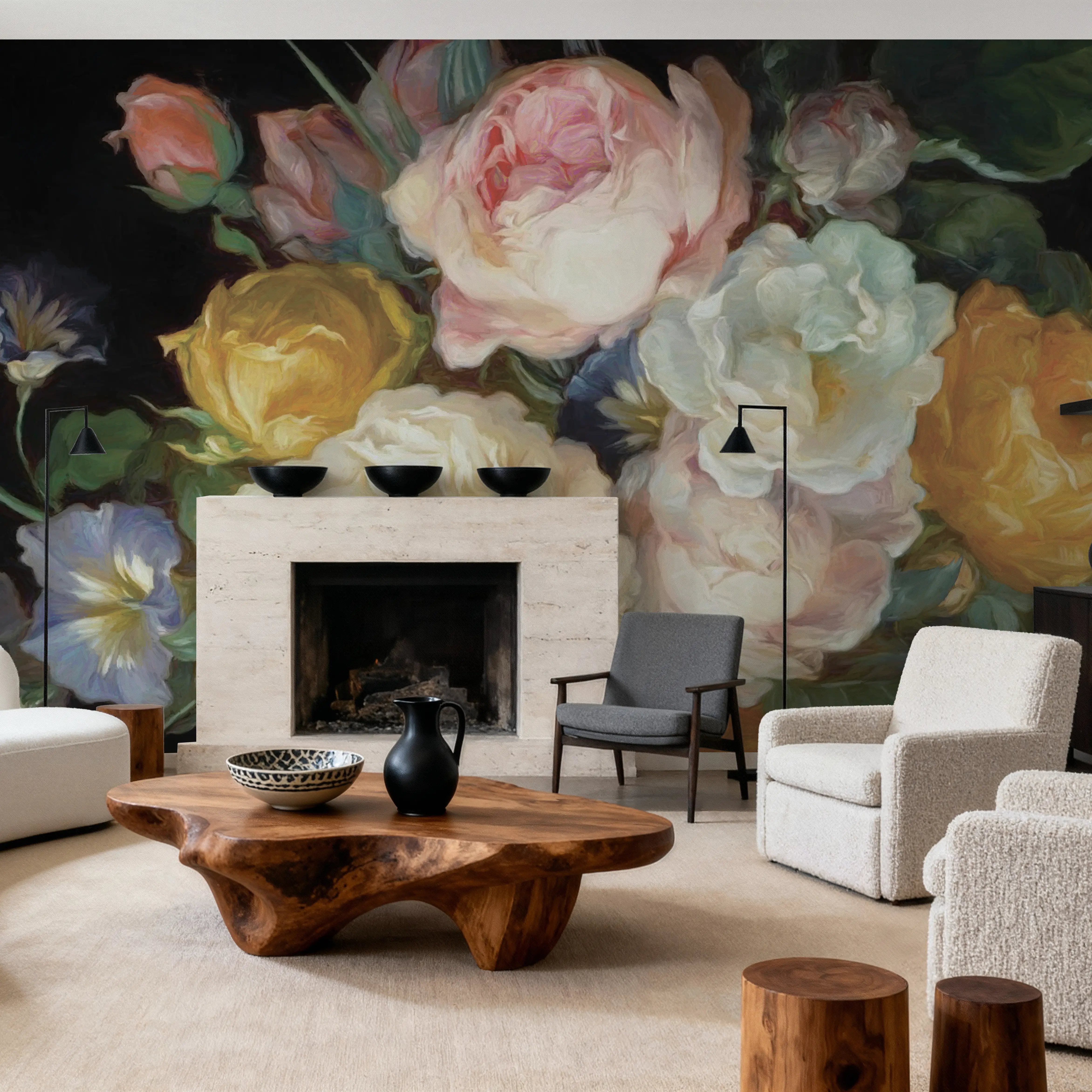 Wall Mural - Rich Depiction - Chintz Nature mural wallpaper - White - Bedroom - Wallism UK - Peel & Stick or Paste-the-Wall