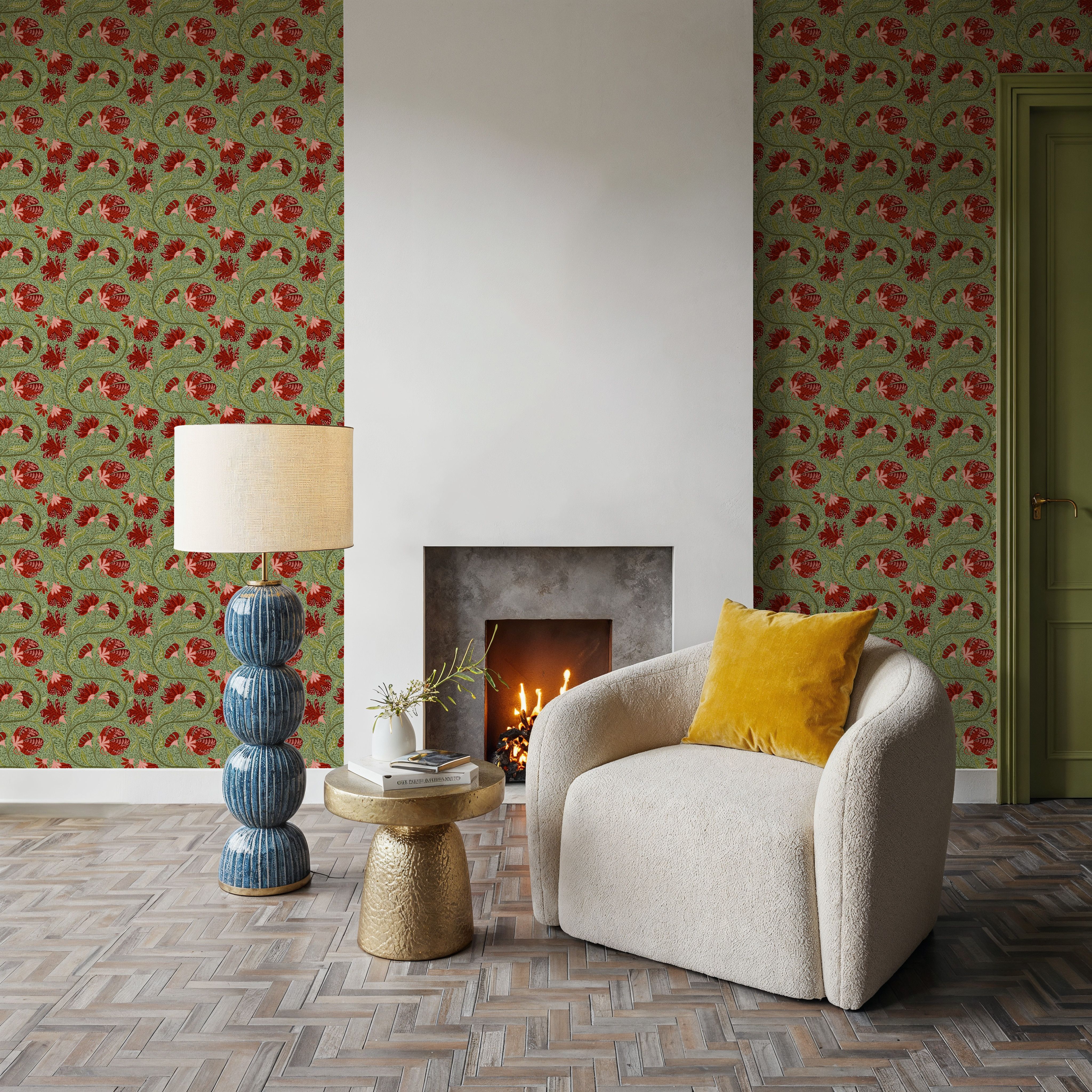 Indial Floral, Vermilion on Pistachio