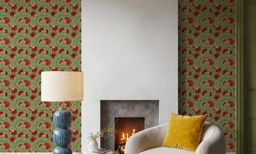 Indial Floral, Vermilion on Pistachio