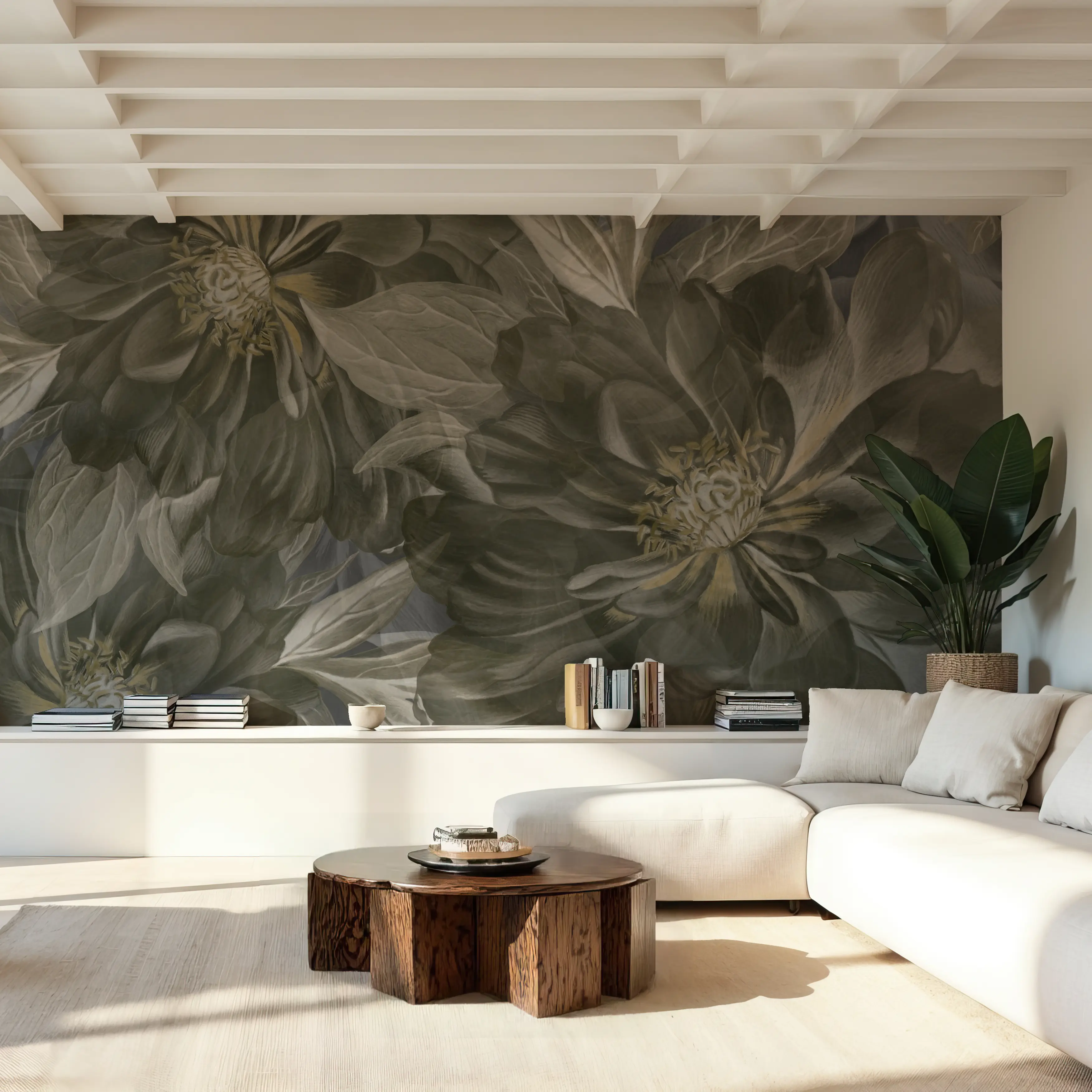 Wall Mural - Peony Study - Seaweed and Stone - Contemporary Floral mural wallpaper - Green - Hallway staircases - Wallism UK