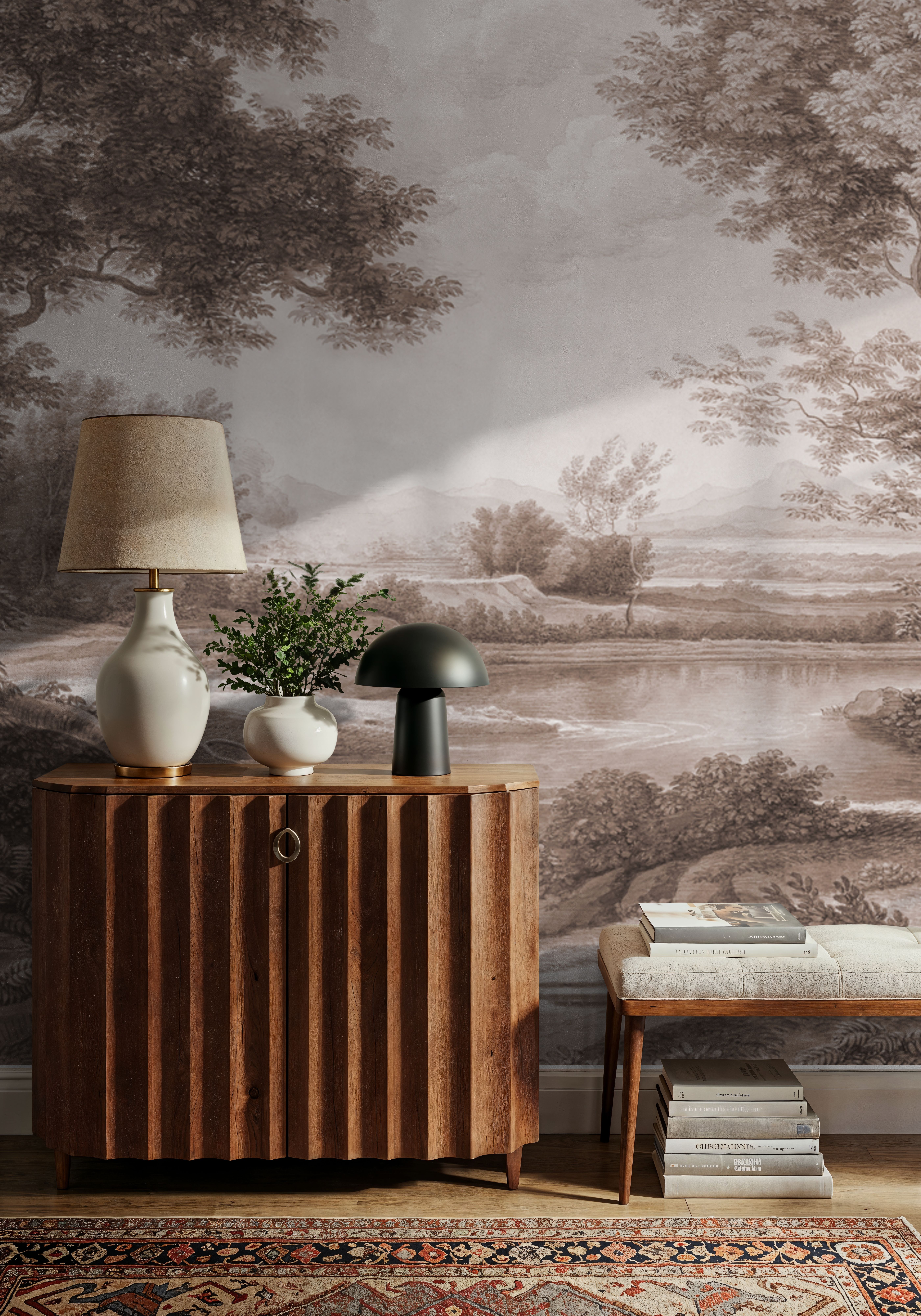 Riverbank Oak Landscape, Sepia