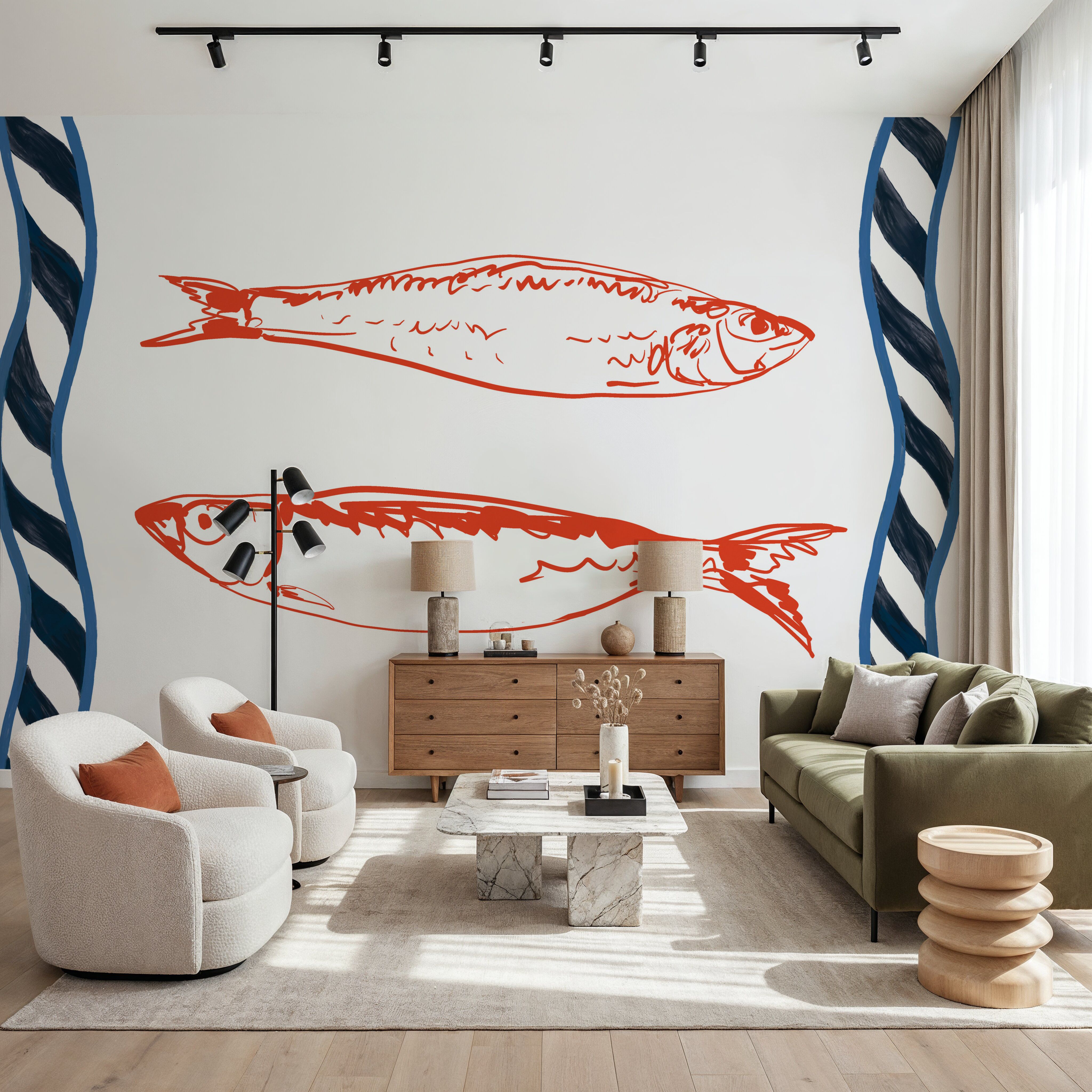 Fotomural - Sea Doodles I - Pájaros Chinoiserie - Dormitorio - Wallism España - Pegar en la pared o Autoadhesivo