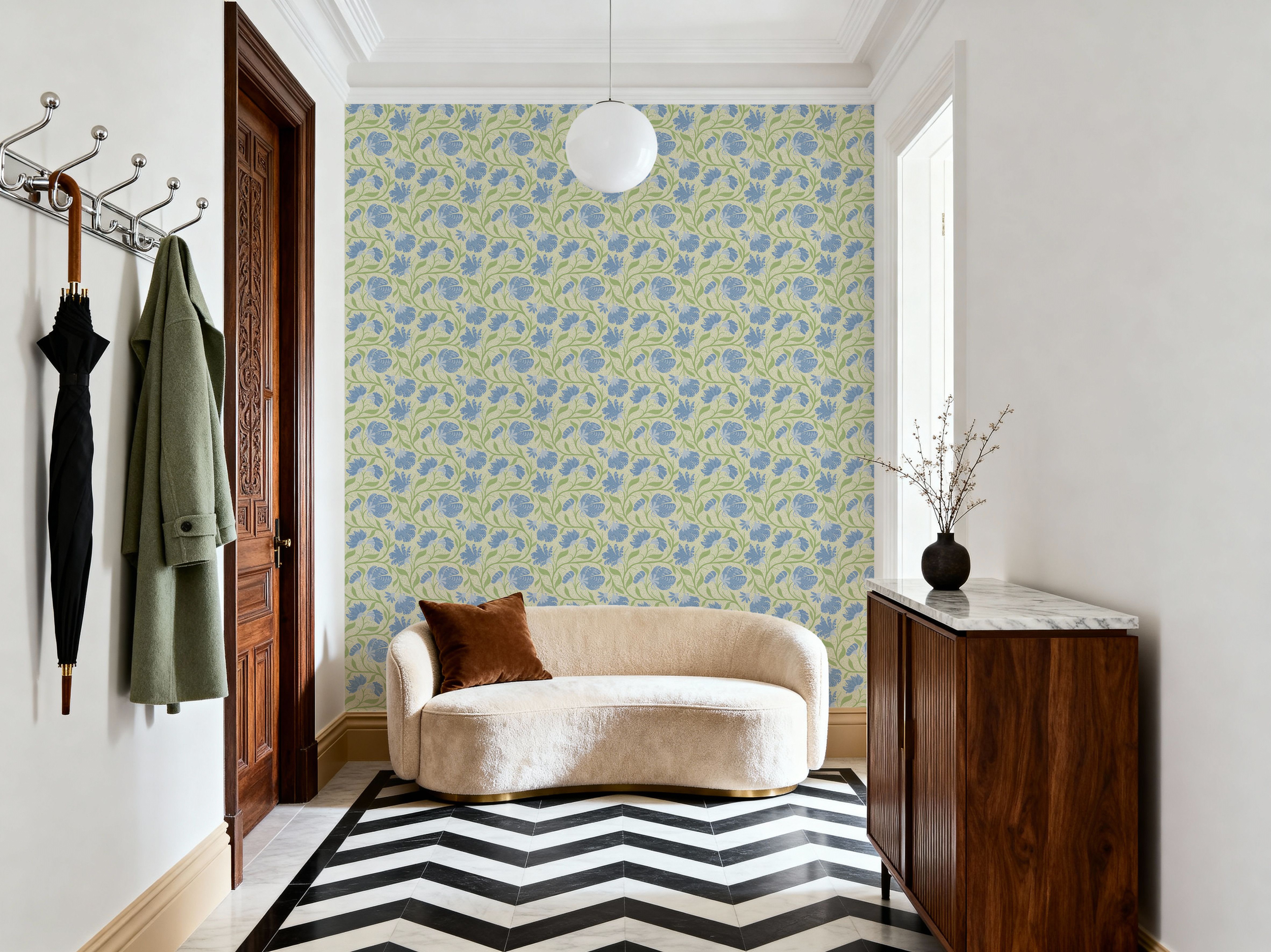 Indial Floral, Baby Blue on Light Green