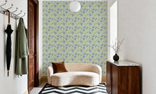 Indial Floral, Baby Blue on Light Green