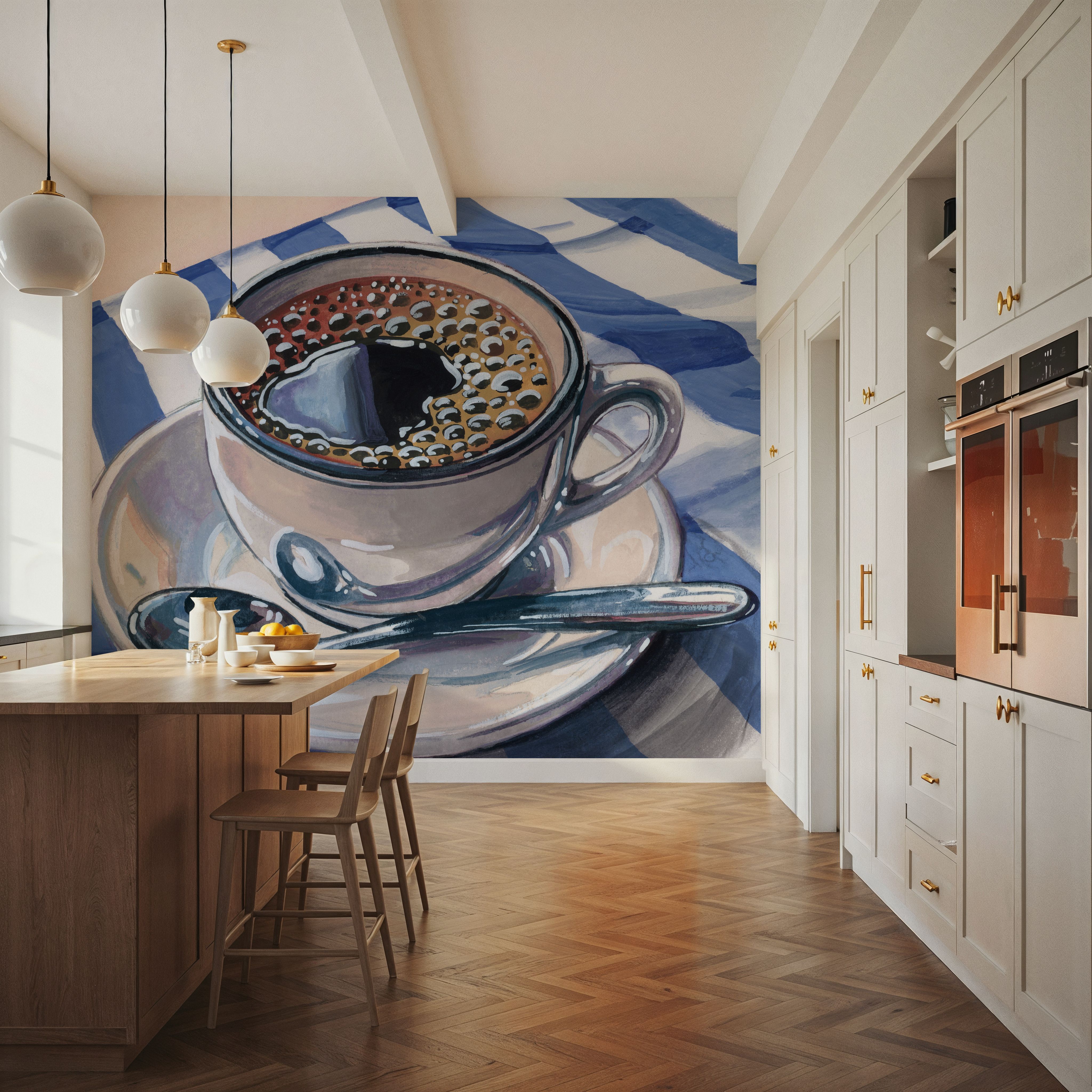 Wall Mural - Black Coffee On Striped Cloth - Food & Drink Stripes mural wallpaper - Dining Room - Wallism US - Premium, Textured or Peel & Stick