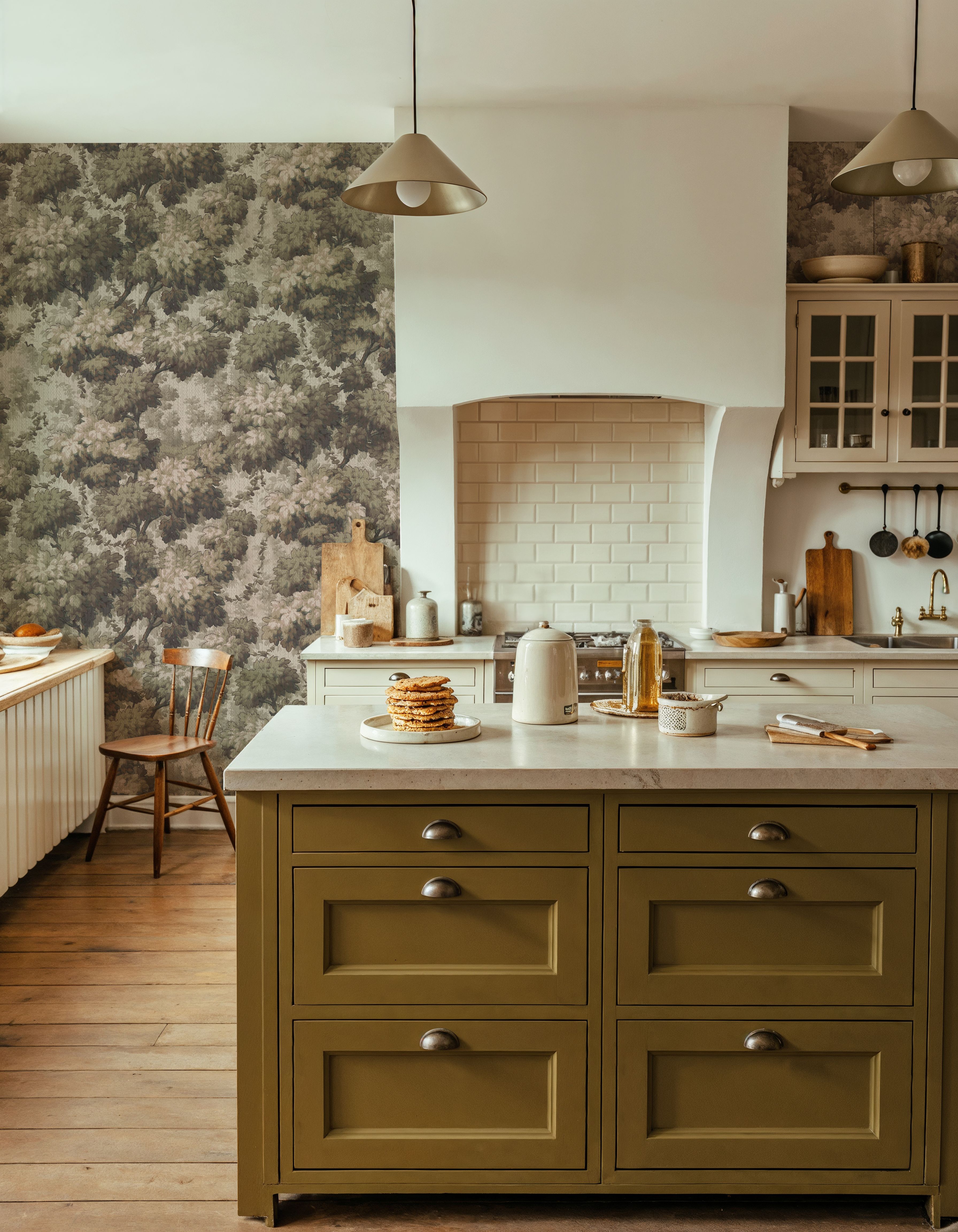 Earth-toned leaves in a working kitchen