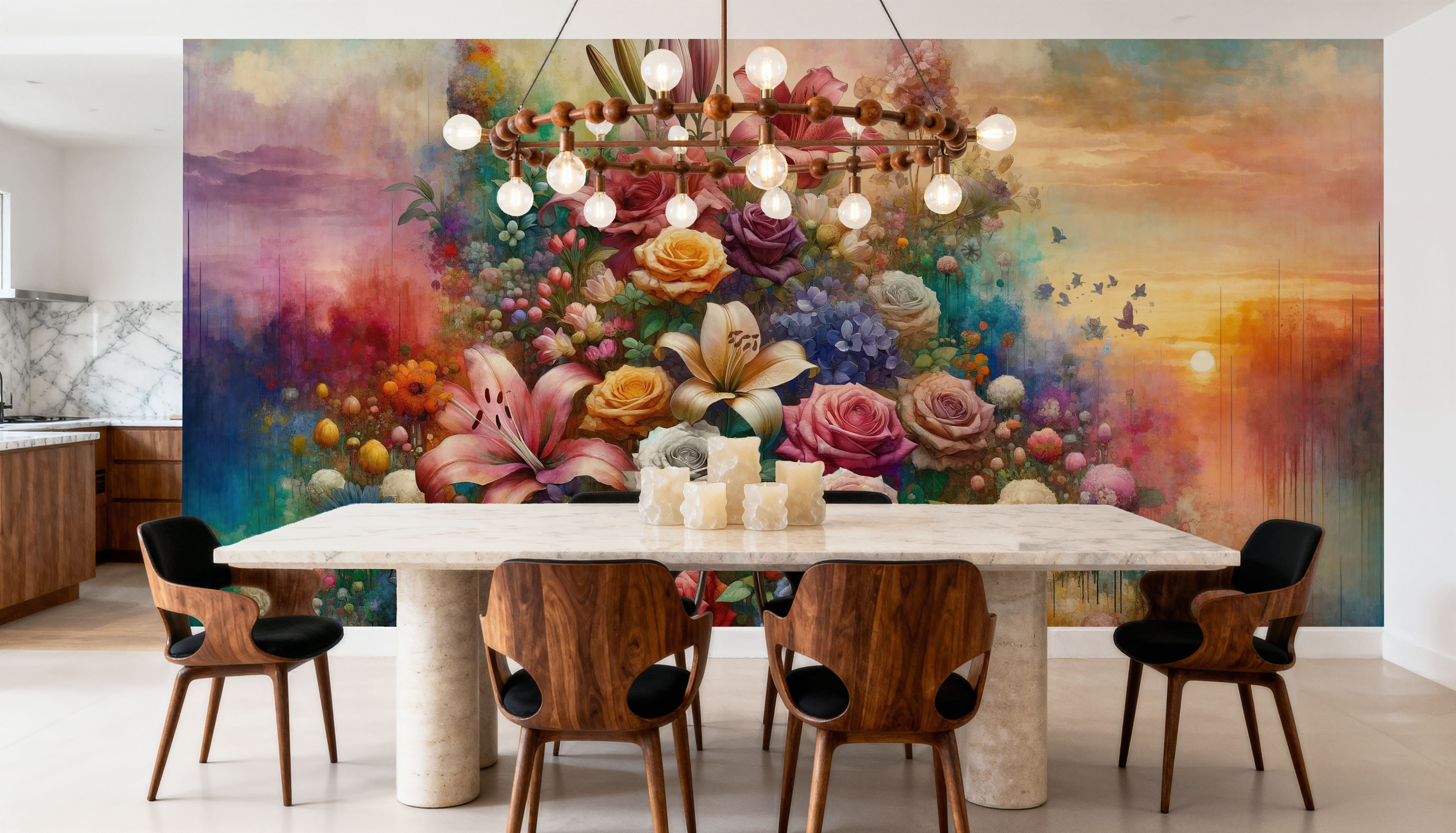 Watercolor Exuberant Garden At Sunse