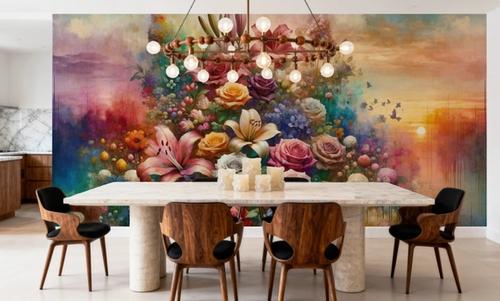 Watercolor Exuberant Garden At Sunse