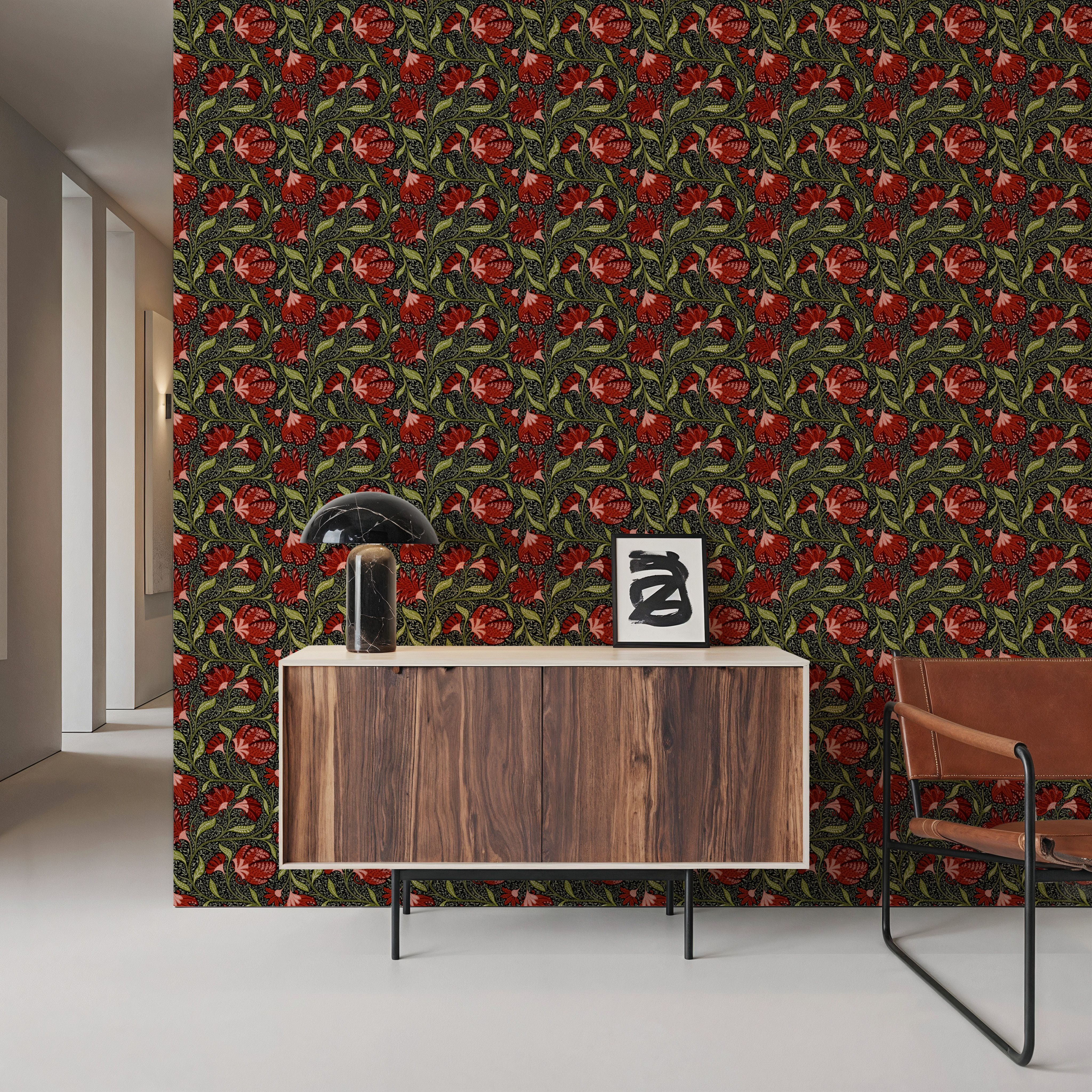 Indial Floral, Vermilion on Midnight