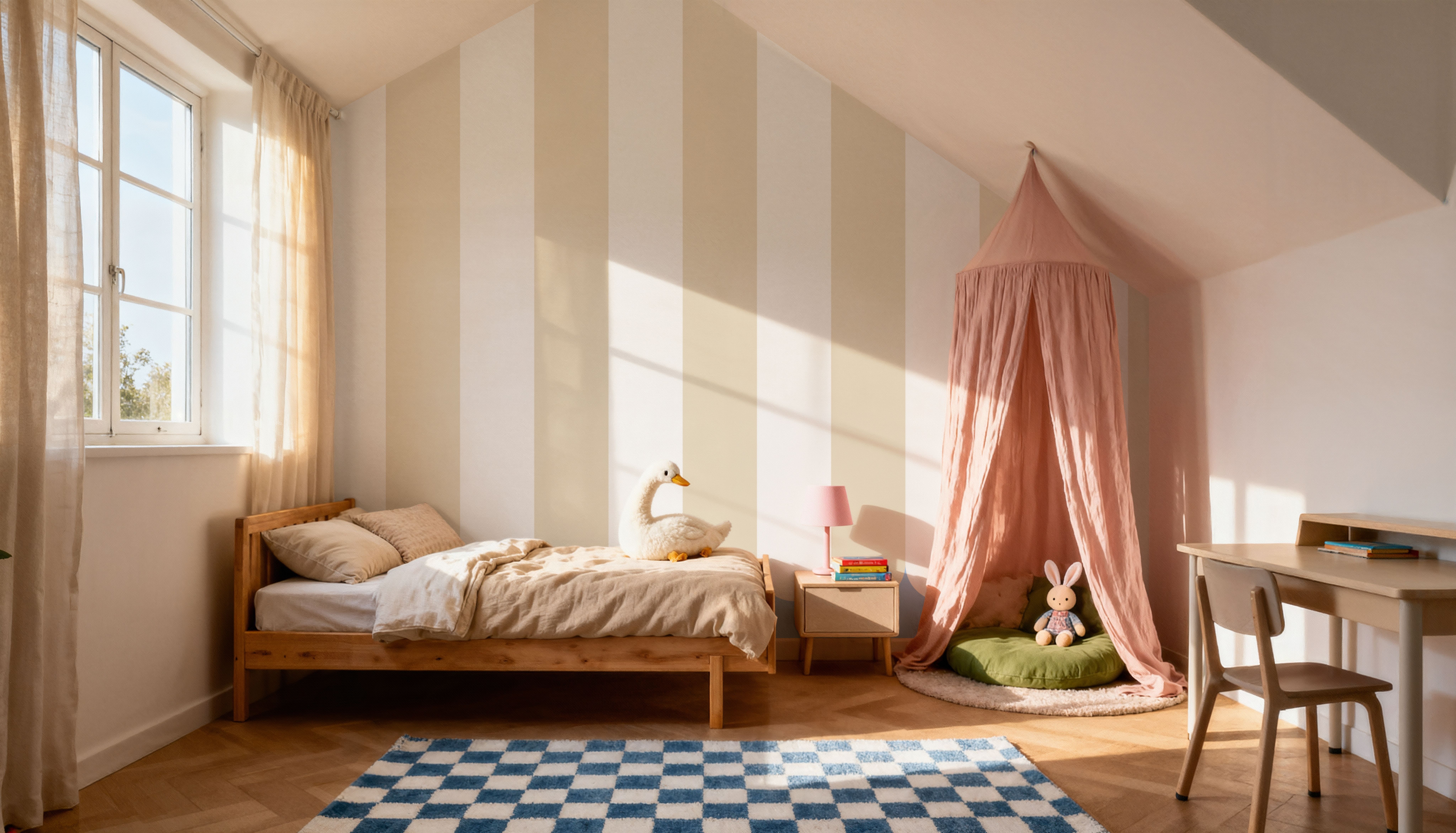 Scalloped Circus Stripes, Beige, Behang