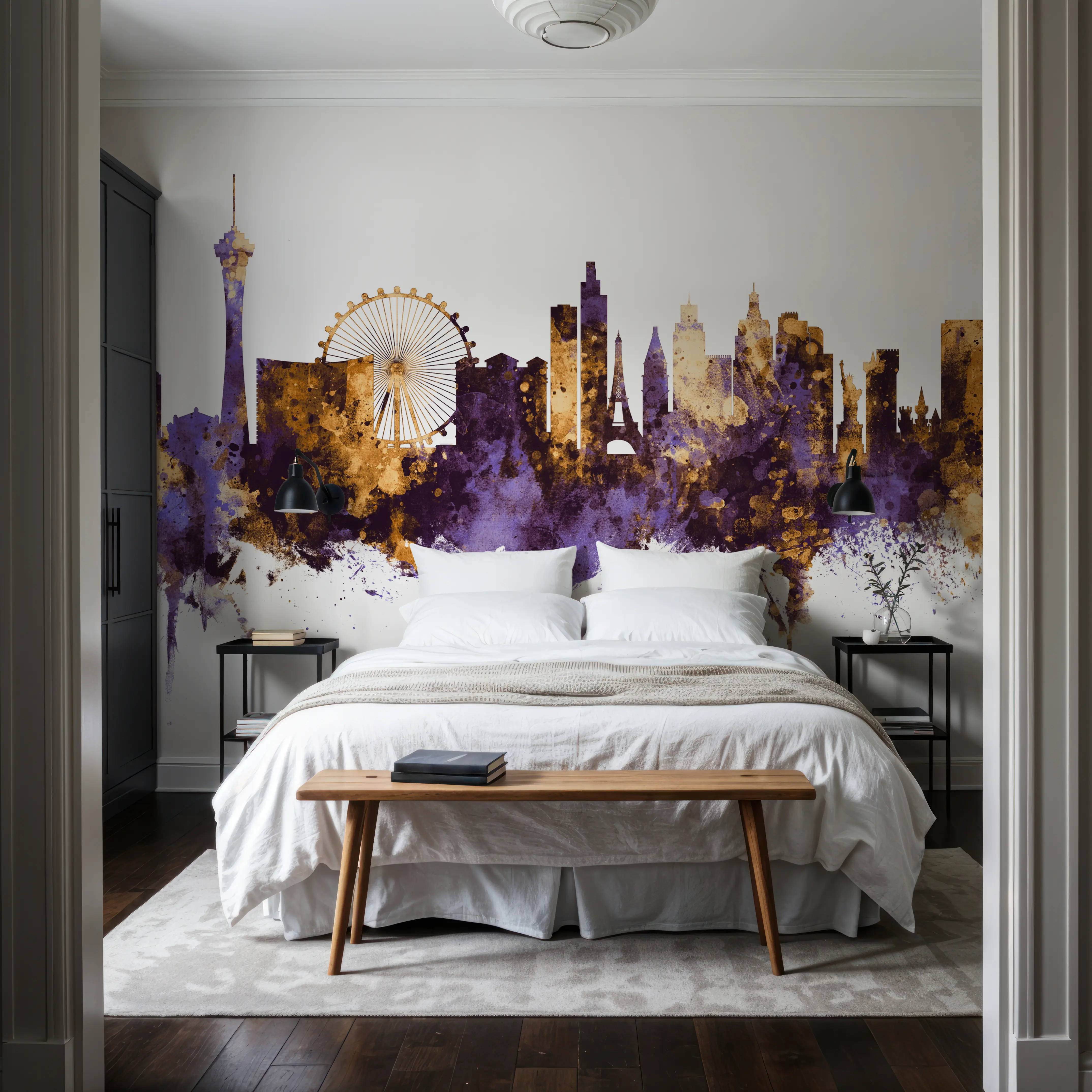 Wall Mural - Las Vegas Nevada Skyline Purple & Gold - Abstract mural wallpaper - Purple - Hallway staircases - Wallism UK