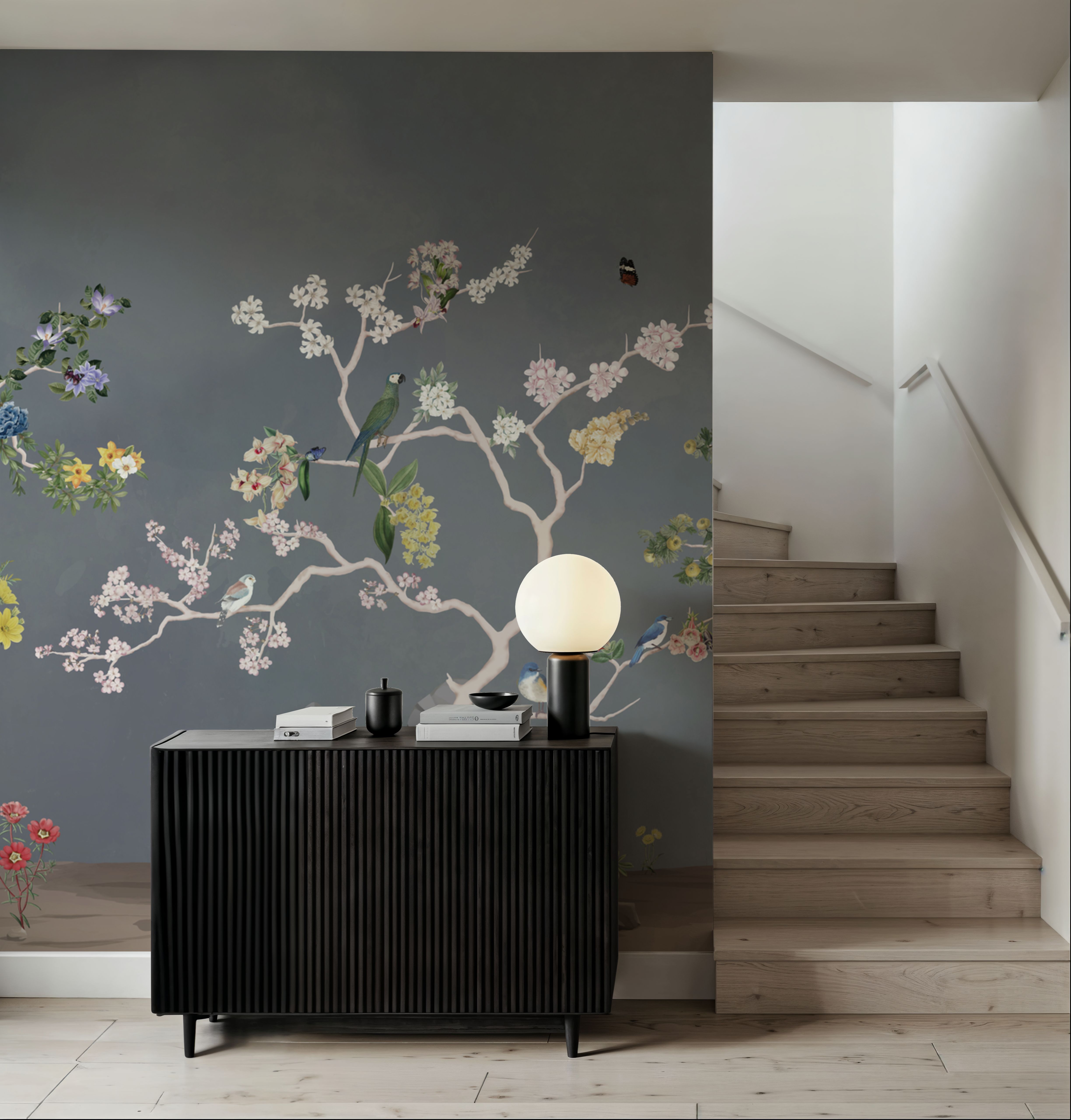 Wall Mural - Birds in the Garden Dark Blue - Birds Animals mural wallpaper - Gray - Living room - Wallism US - Premium, Textured or Peel & Stick
