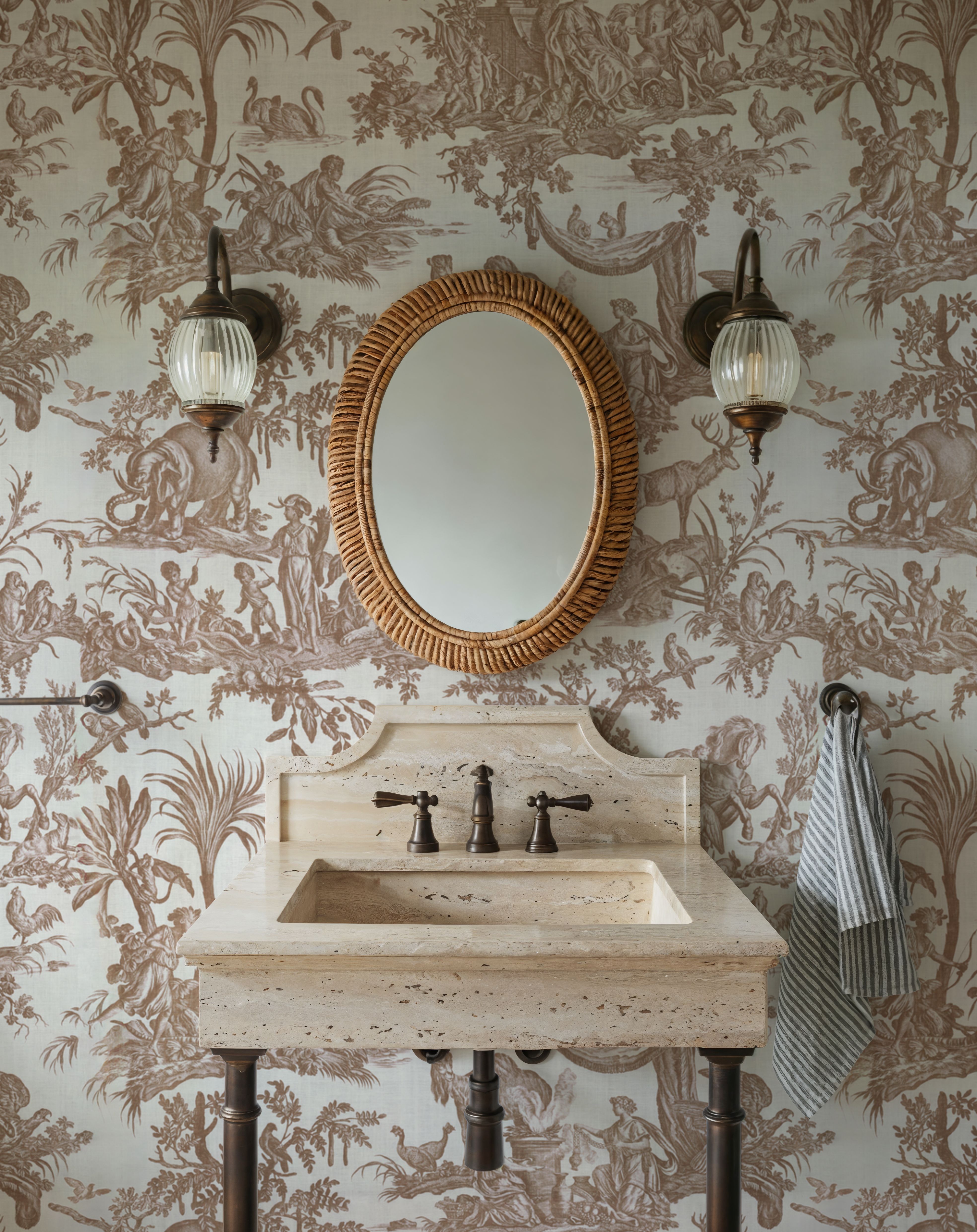 Patinated Linen Toile de Jouy, Terracotta, Wallpaper