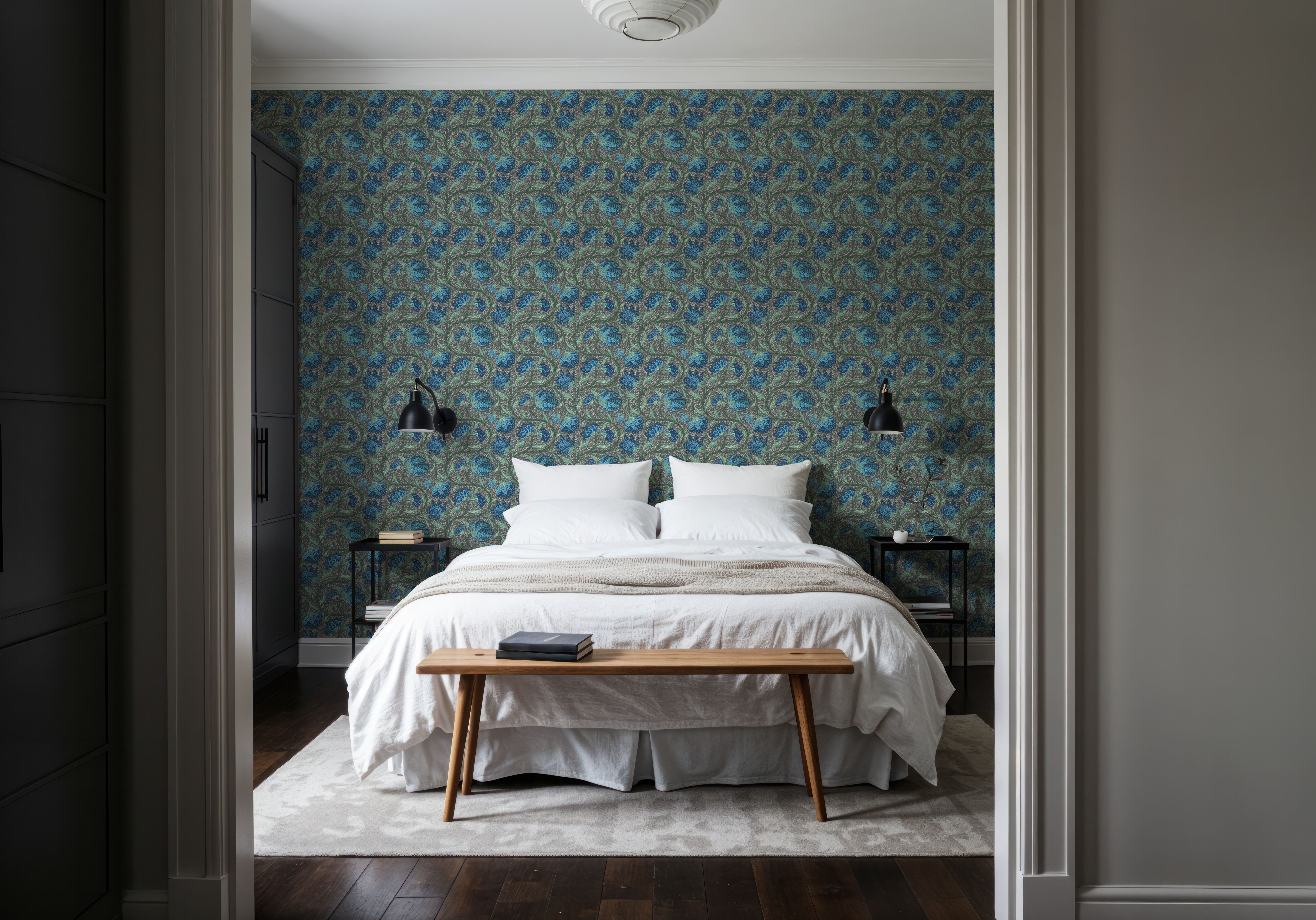 Indial Floral, Teal on Slate