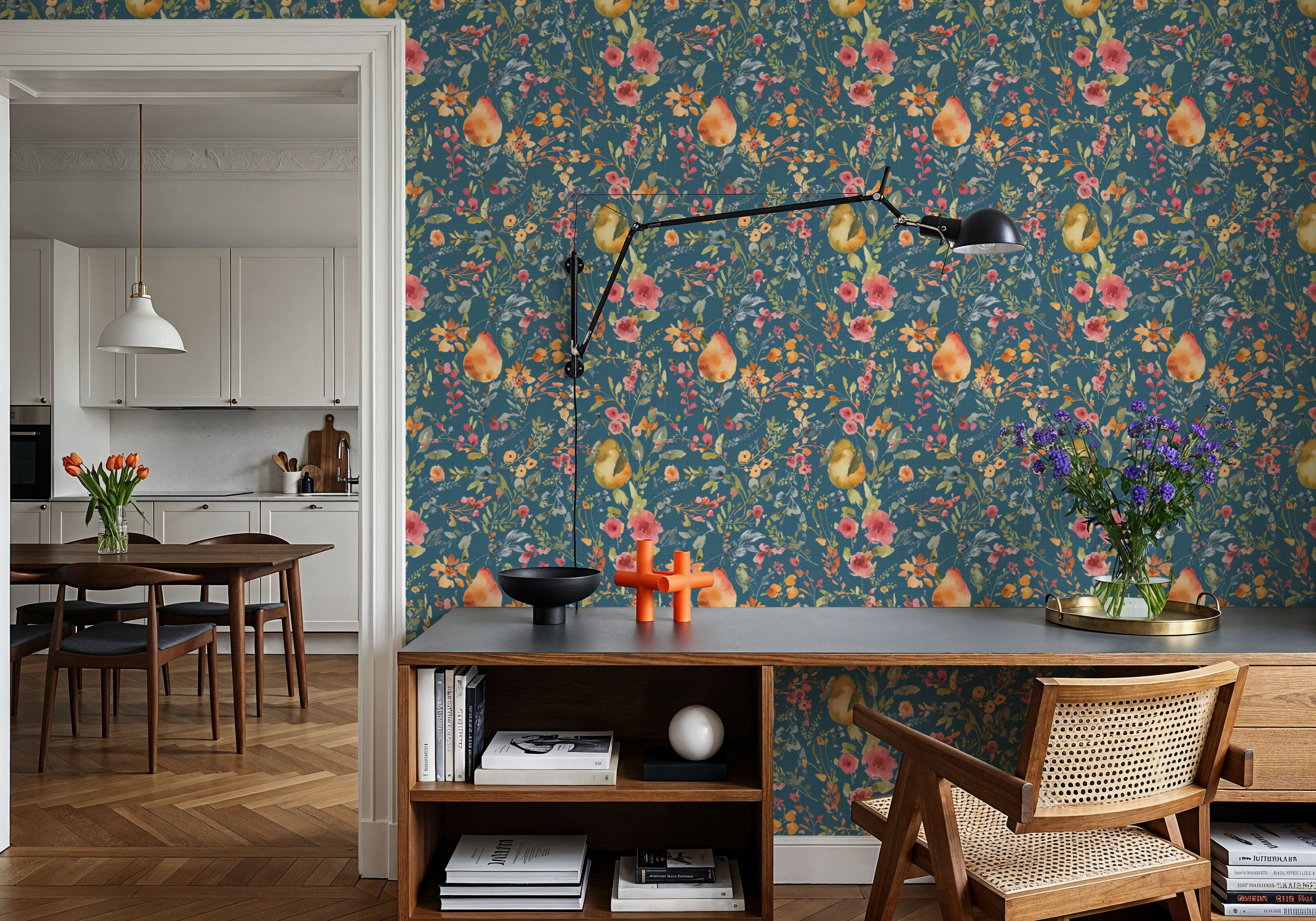 Time to Share Flowers and Pears Blue, Wallpaper