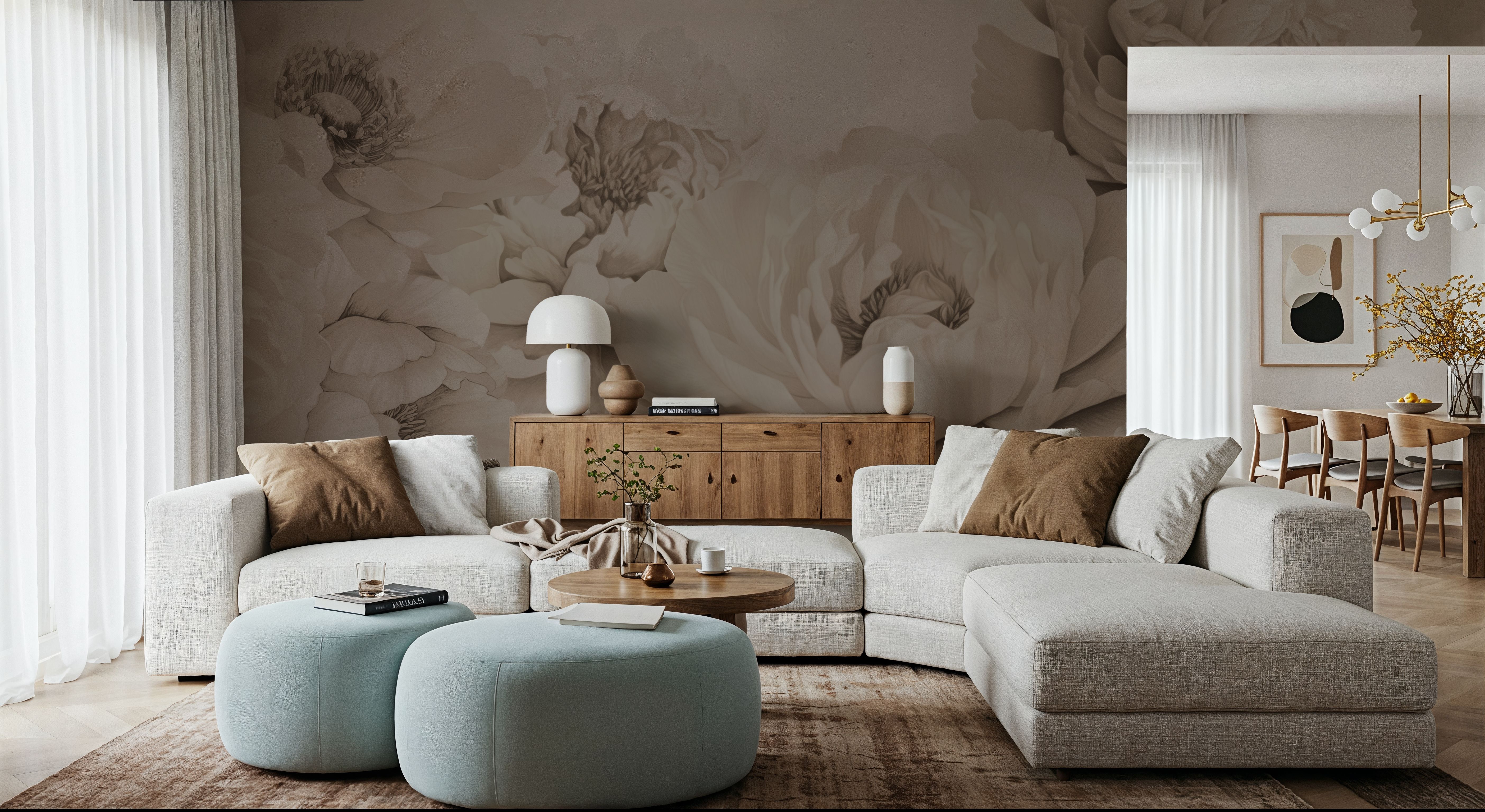 Transcendent Peony, Beige, Wallpaper