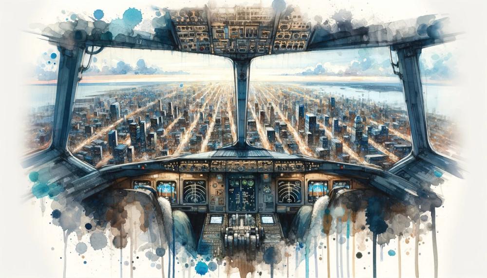 Cityscape from Airplane Cockpit