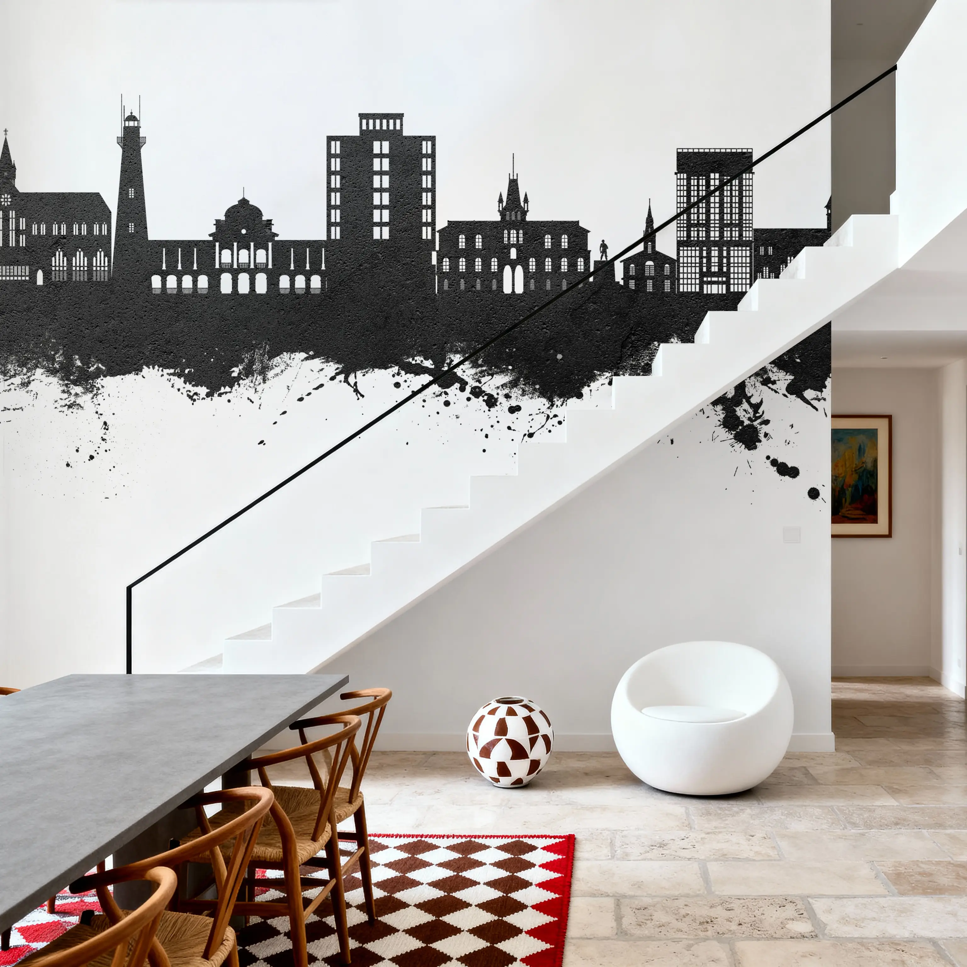 Papier Peint Panoramique - Georgetown Guyana Skyline Black & White - Graphiques - Gris - Couloir et escaliers - Wallism Belgique