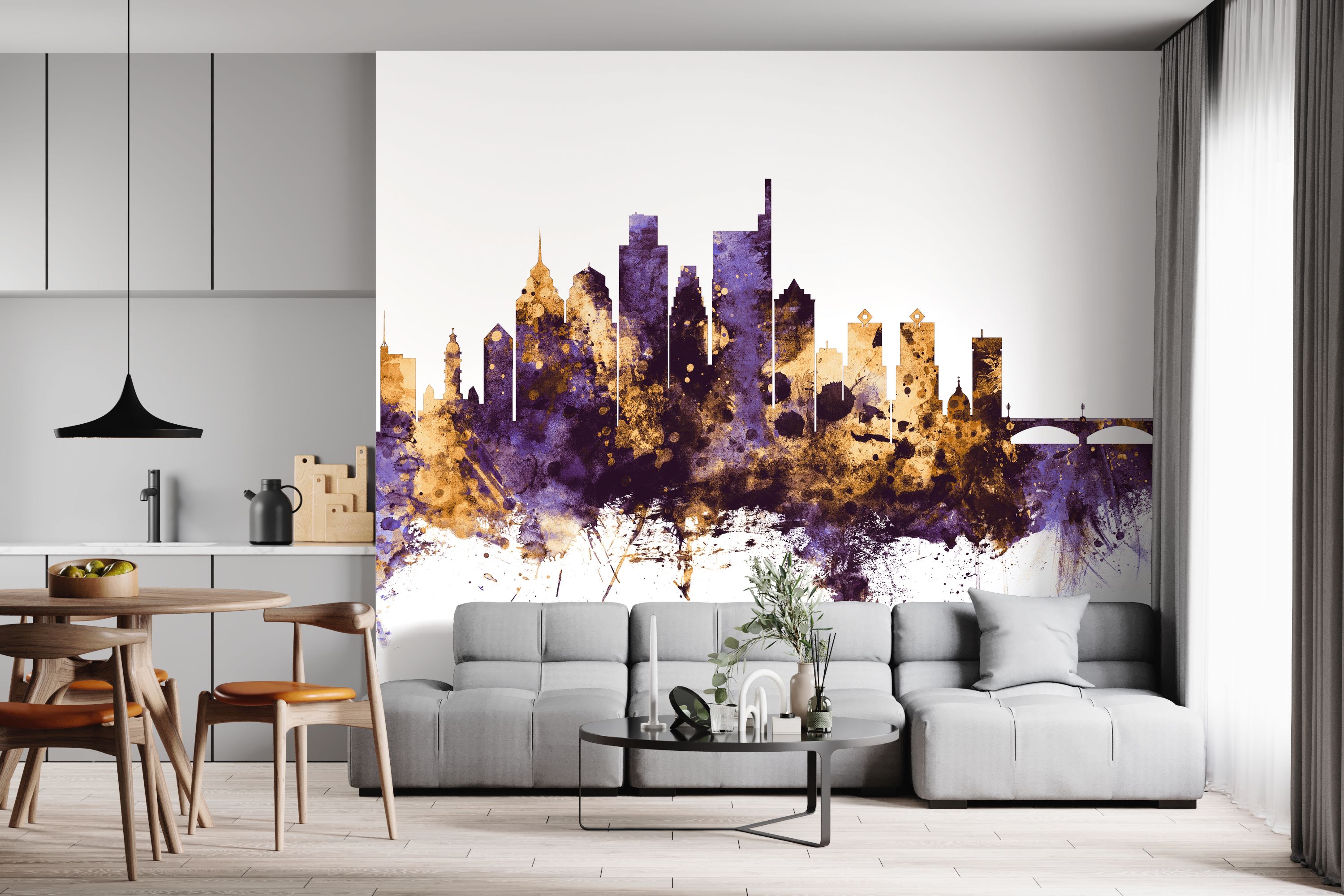 Philadelphia Skyline Purple & Gold premium wallpaper mural | Wallism ...