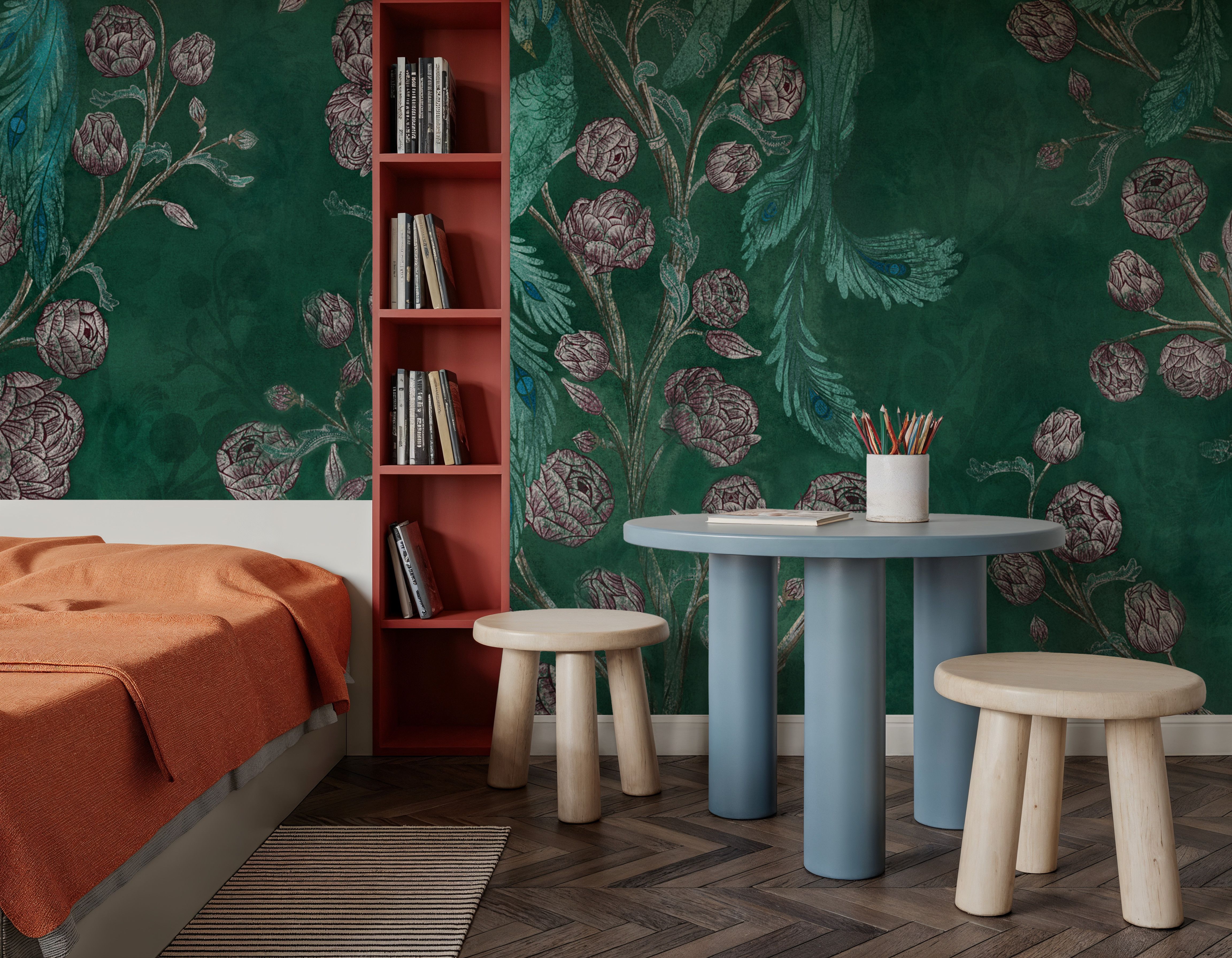 Peacock and Peony Chinoiserie Bottle Green