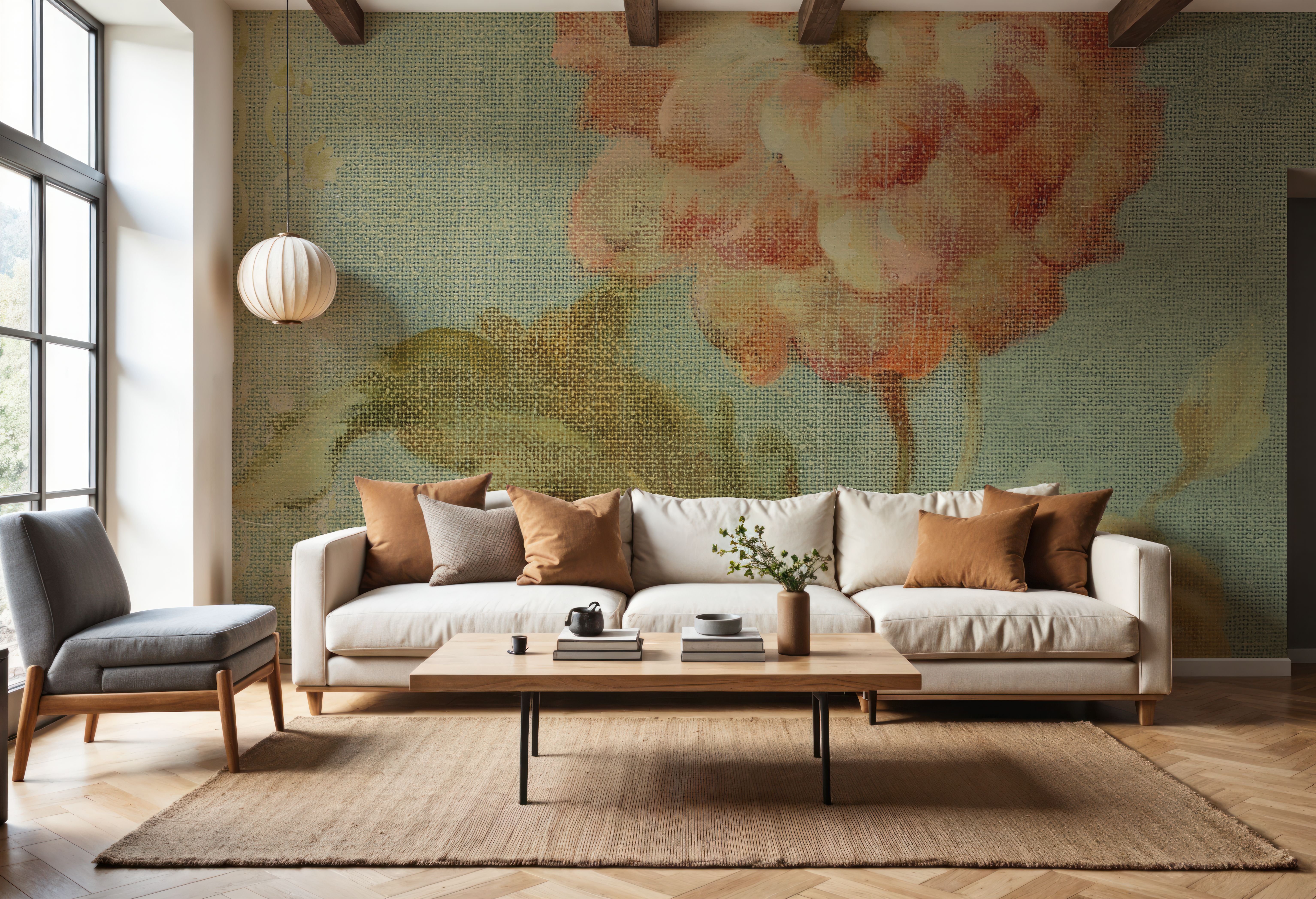 Wall Mural - Poppy on Sage - Chintz Nature mural wallpaper - Green - Bedroom - Wallism US - Premium, Textured or Peel & Stick