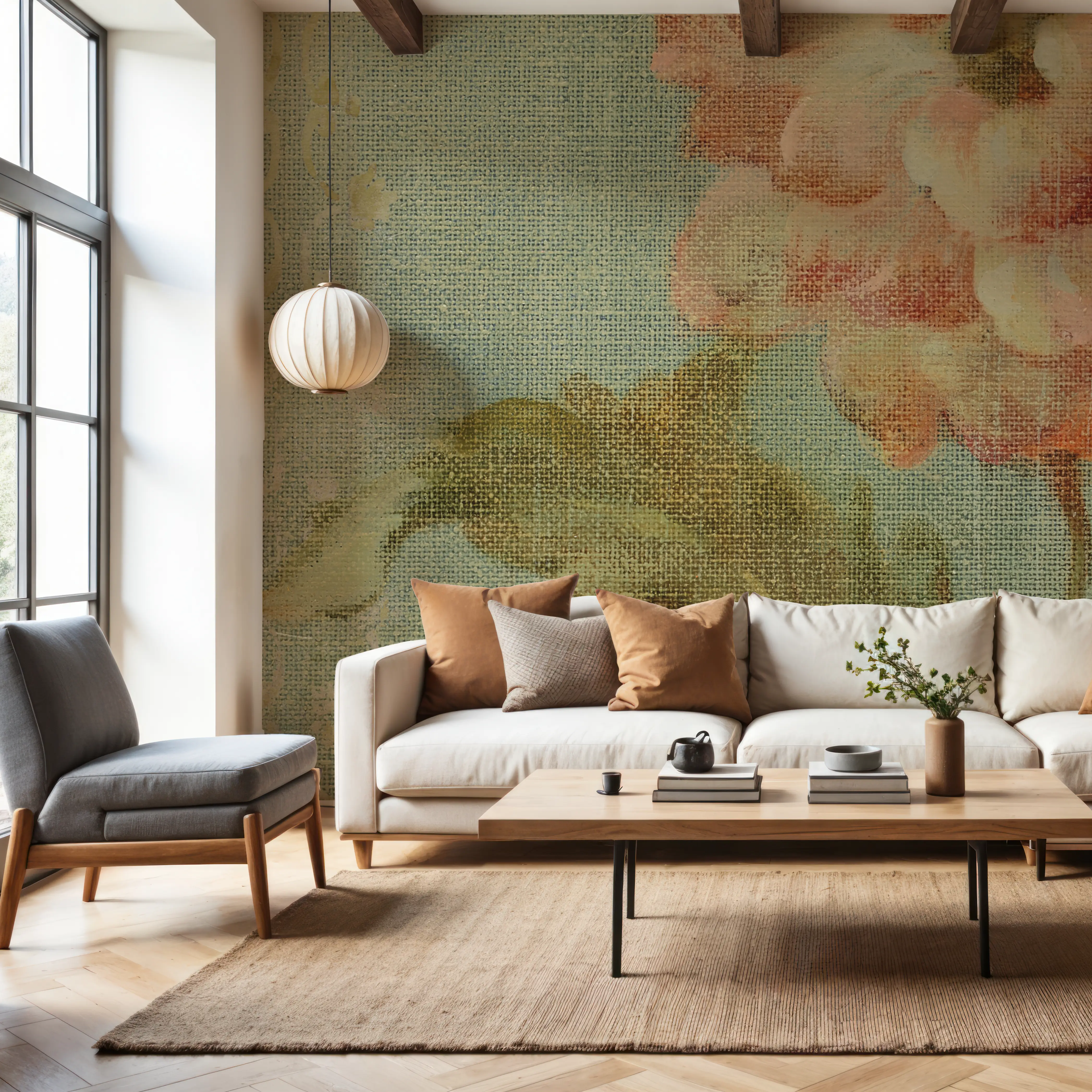 Wall Mural - Poppy on Sage - Chintz Nature mural wallpaper - Green - Bedroom - Wallism US - Premium, Textured or Peel & Stick