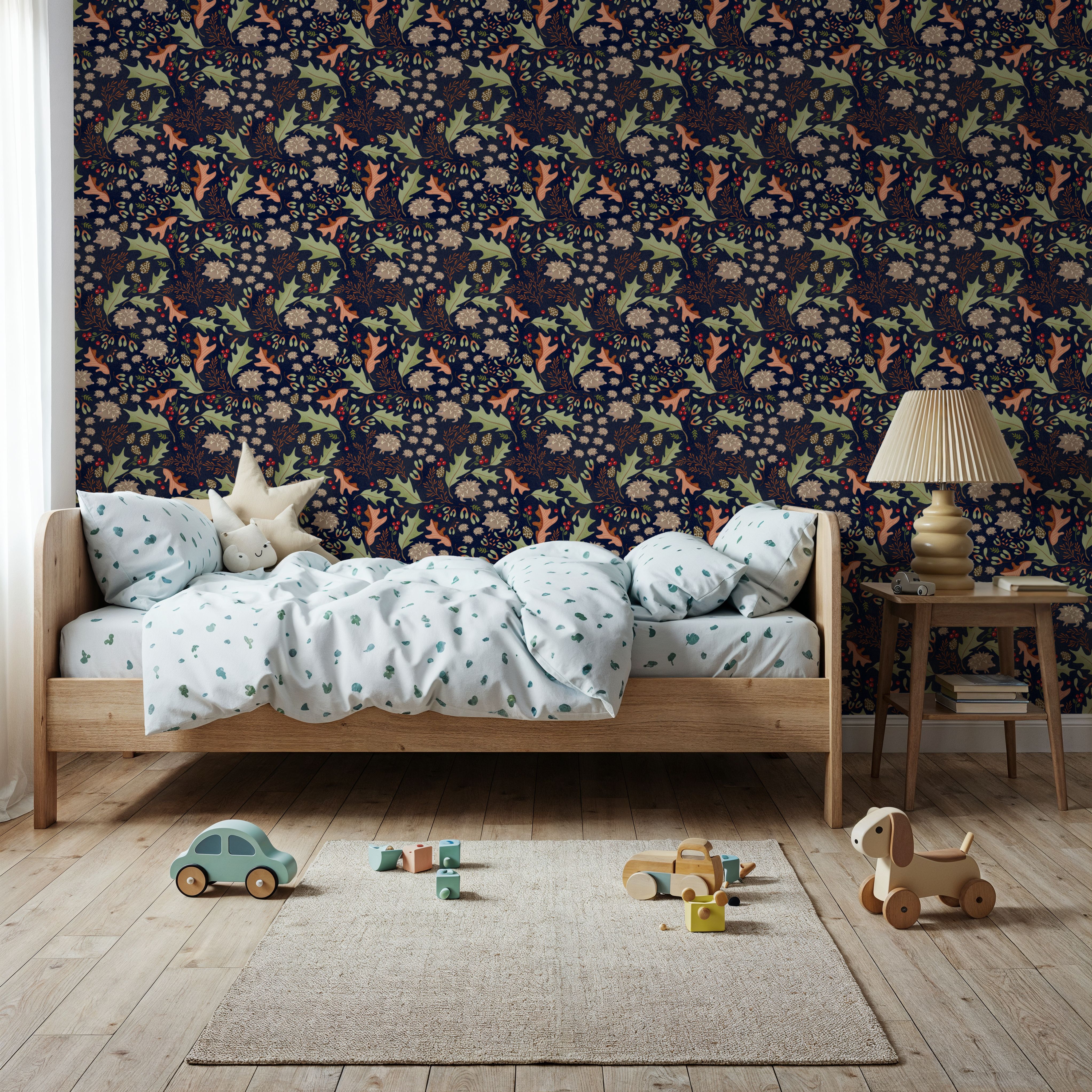 Autumn Hedgehogs, Navy, Wallpaper