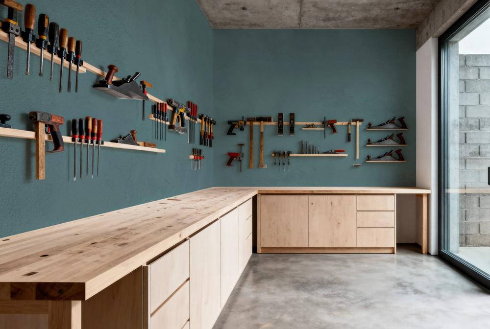 a photo of a wood workshop with work becch, woodworking tools on the walls and a teal wallpaper