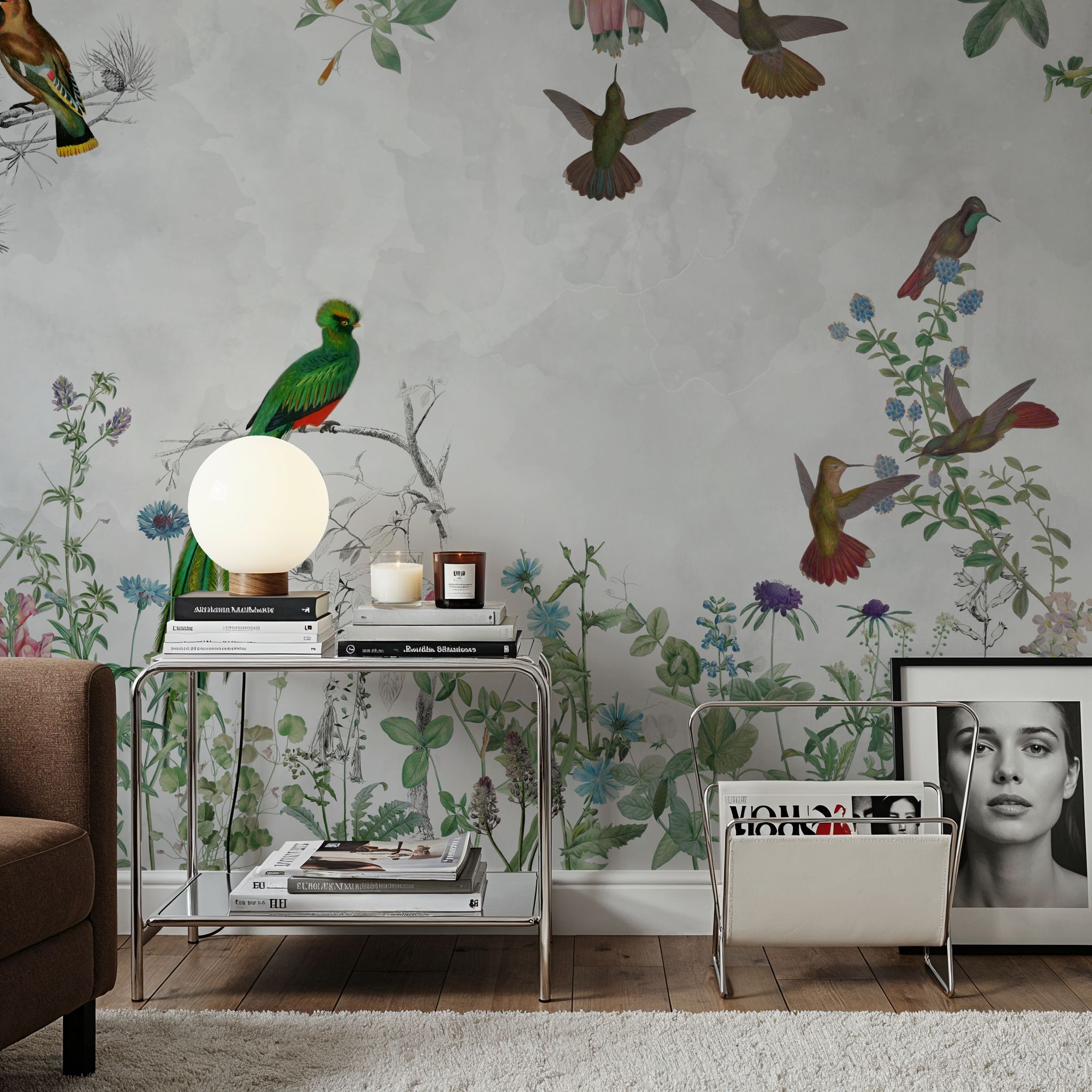 Wall Mural - Fields of Birds and Flowers - Birds Nature mural wallpaper - Green - Hallway staircases - Wallism UK - Premium, Textured or Peel & Stick