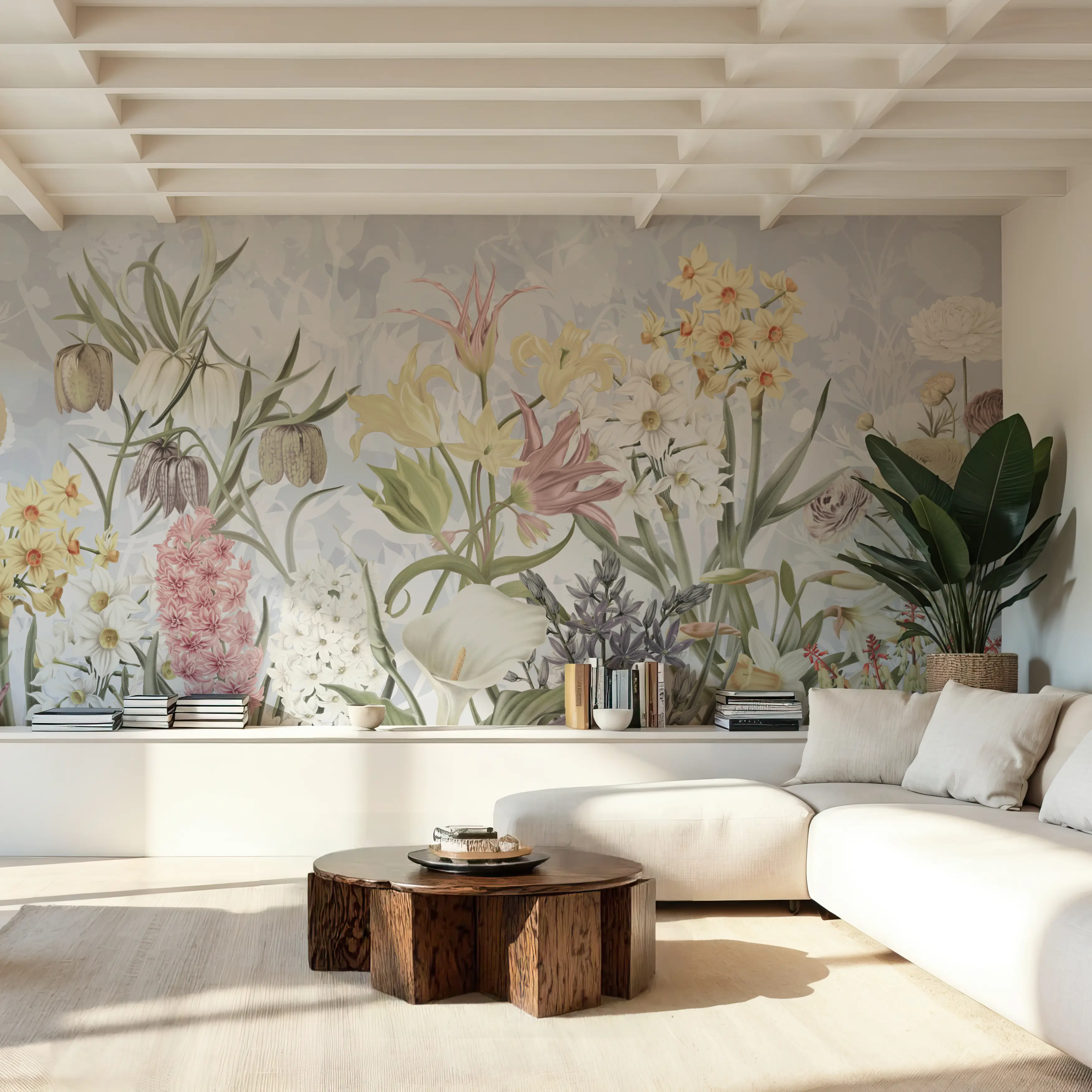 Wall Mural - Happy Spring Flowers - Floral Nature mural wallpaper - White - Bedroom - Wallism UK - Peel & Stick or Paste-the-Wall