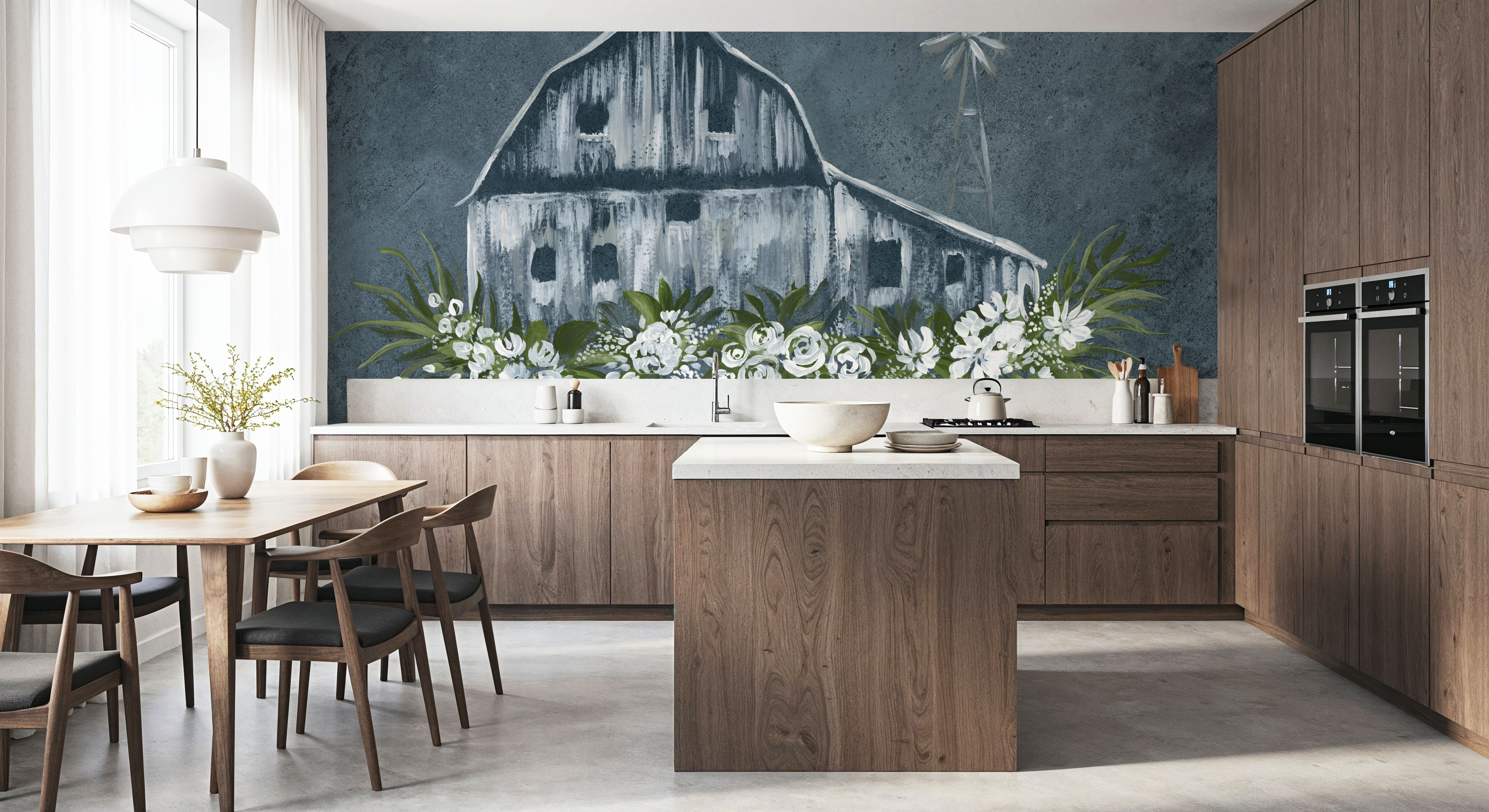 Adorned Barn Sketch Denim, Wallpaper