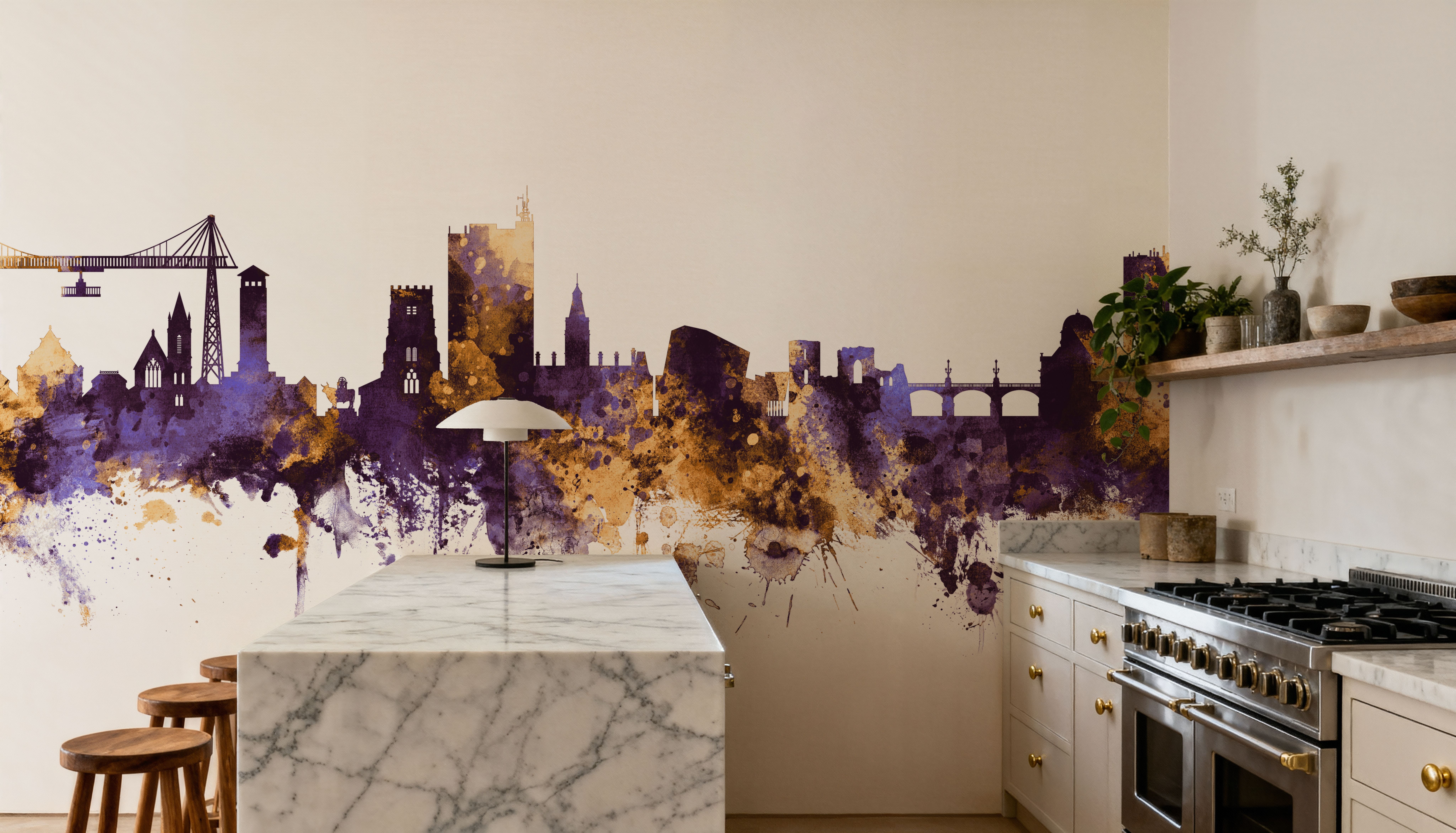 Newport Wales Skyline Purple & Gold, Wallpaper
