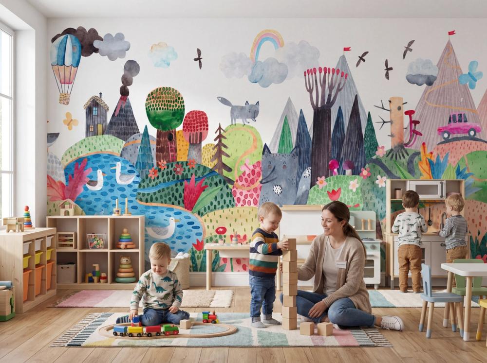 an interior photo of a preschool with teacher, toddlers and a fun landscape wallpaper mural on the wall