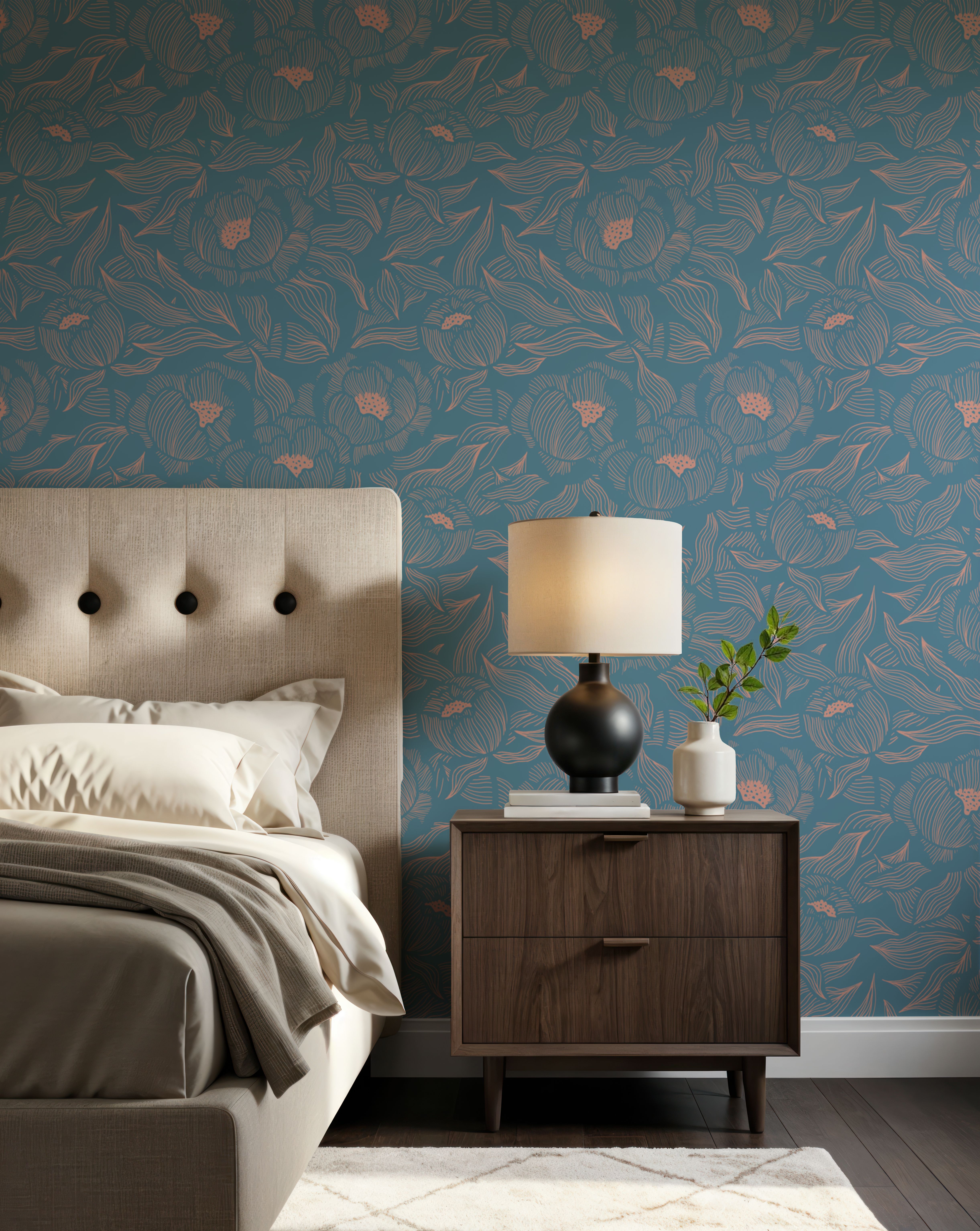 Hidden Peonies, Dusty Peach on Teal