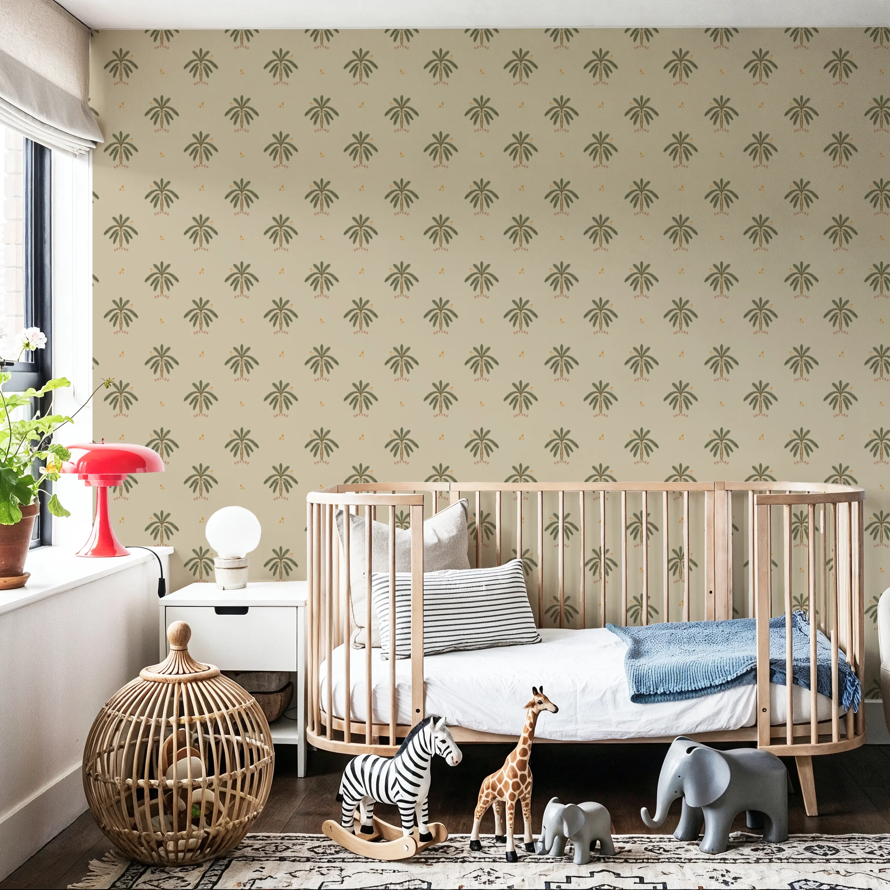 Behang - Boho Palms-Cave, Sage - Hedendaagse Kunst Bloemen - Geel - Kinderkamer - Wallism België - Zelfklevend of Vliesbehang