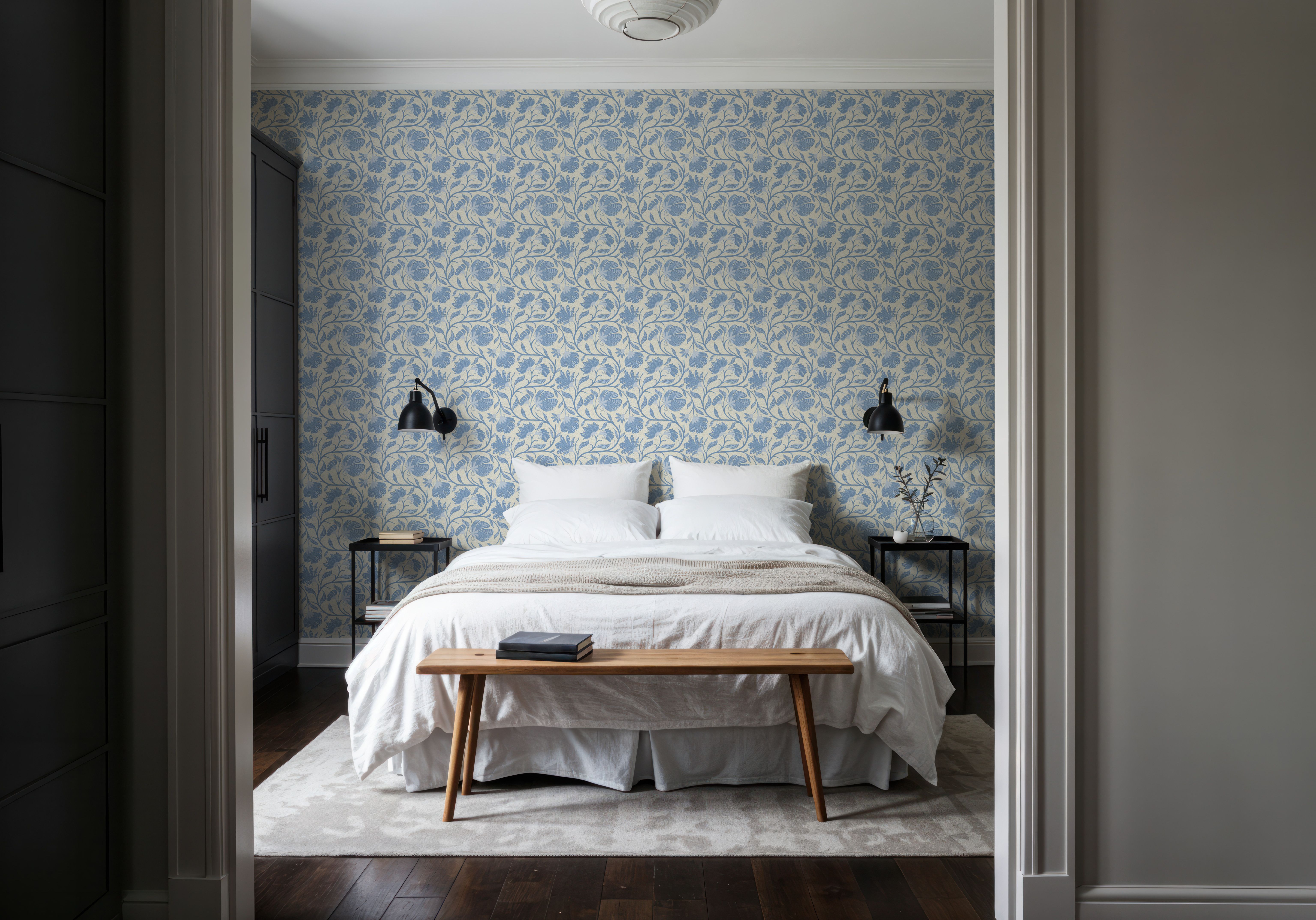 Indial Floral, Baby Blue on Cream