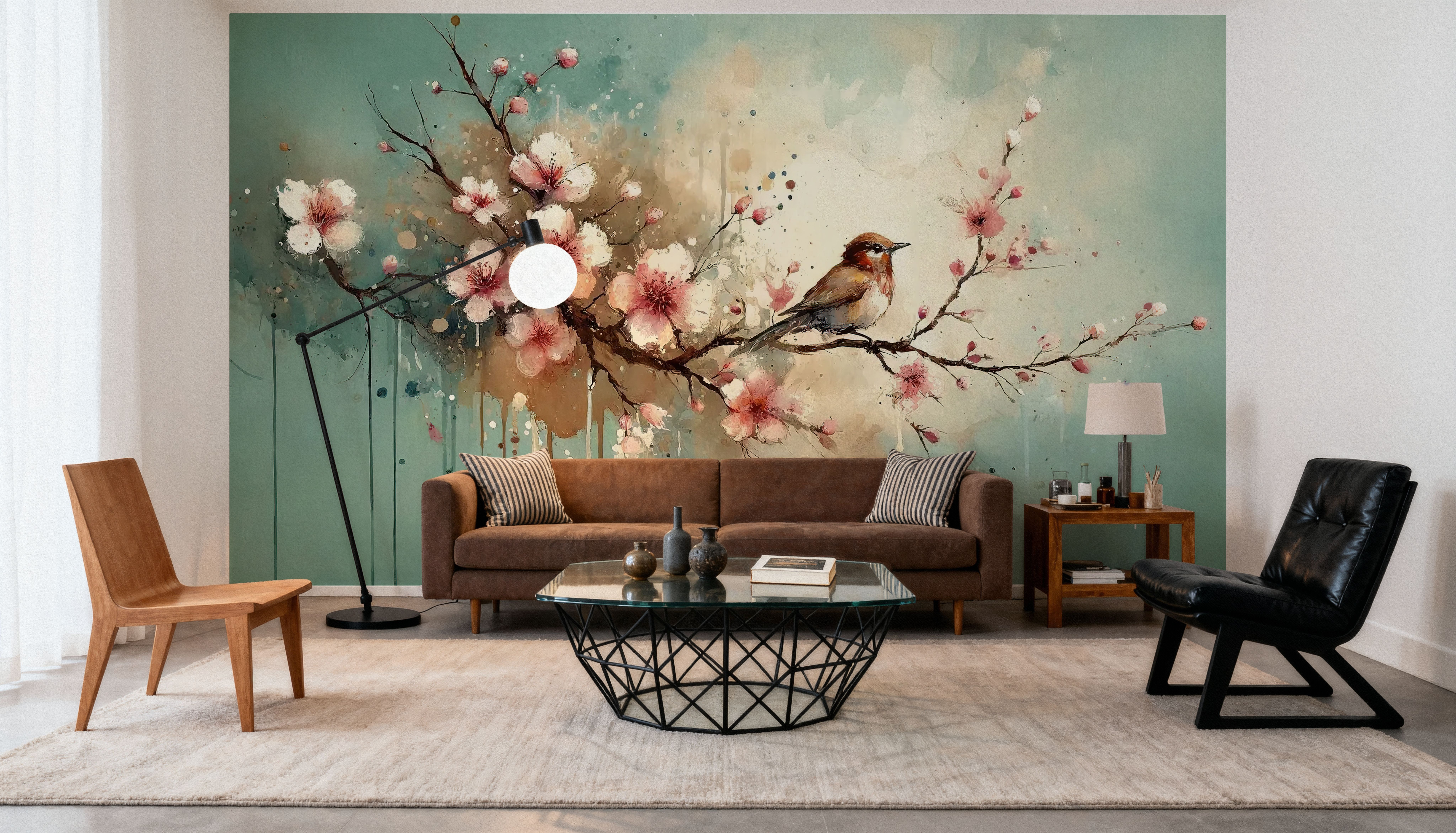 Cherry Blossoms Whispers on Teal Breeze