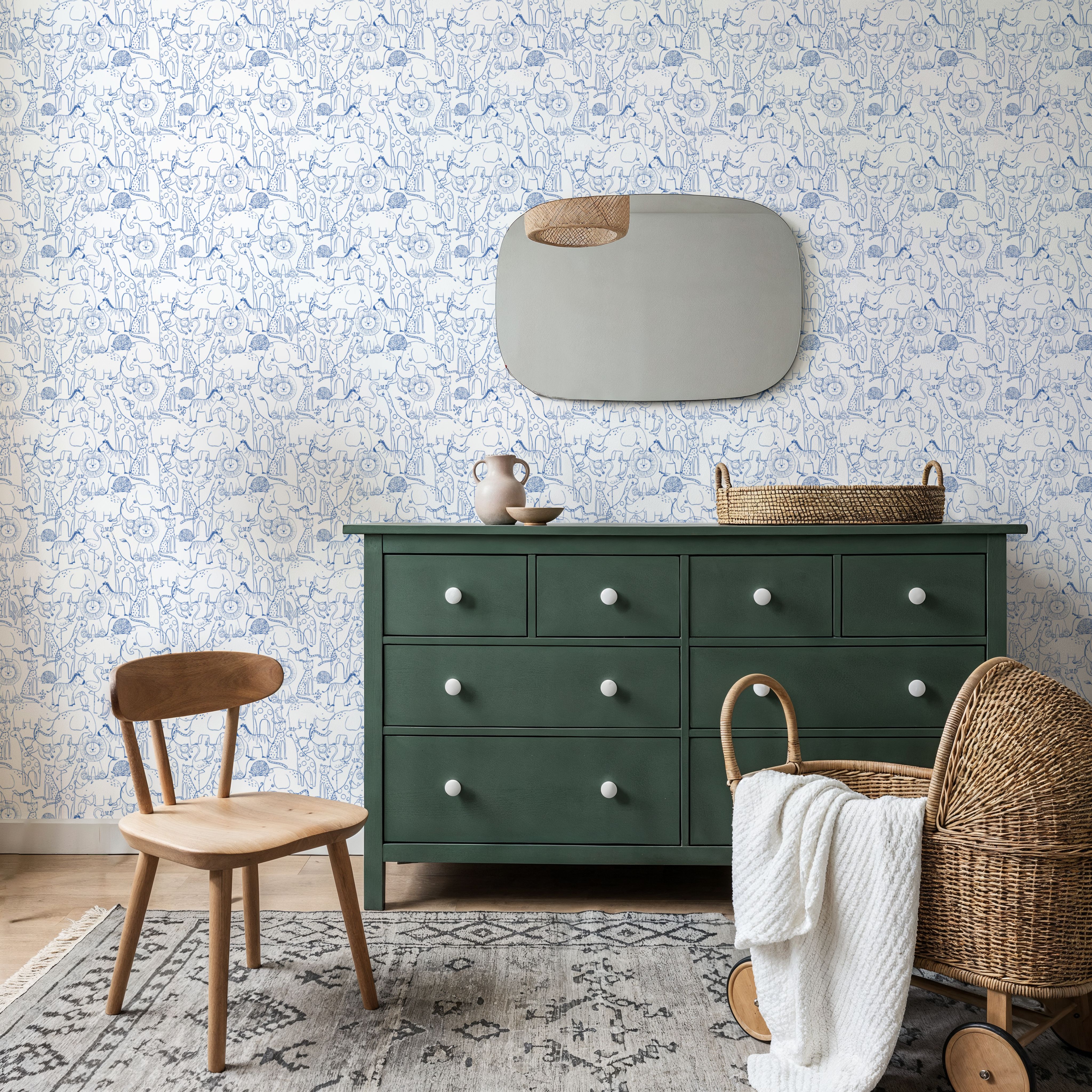 Calm & Cute Baby Animals Pattern, Blue, Wallpaper