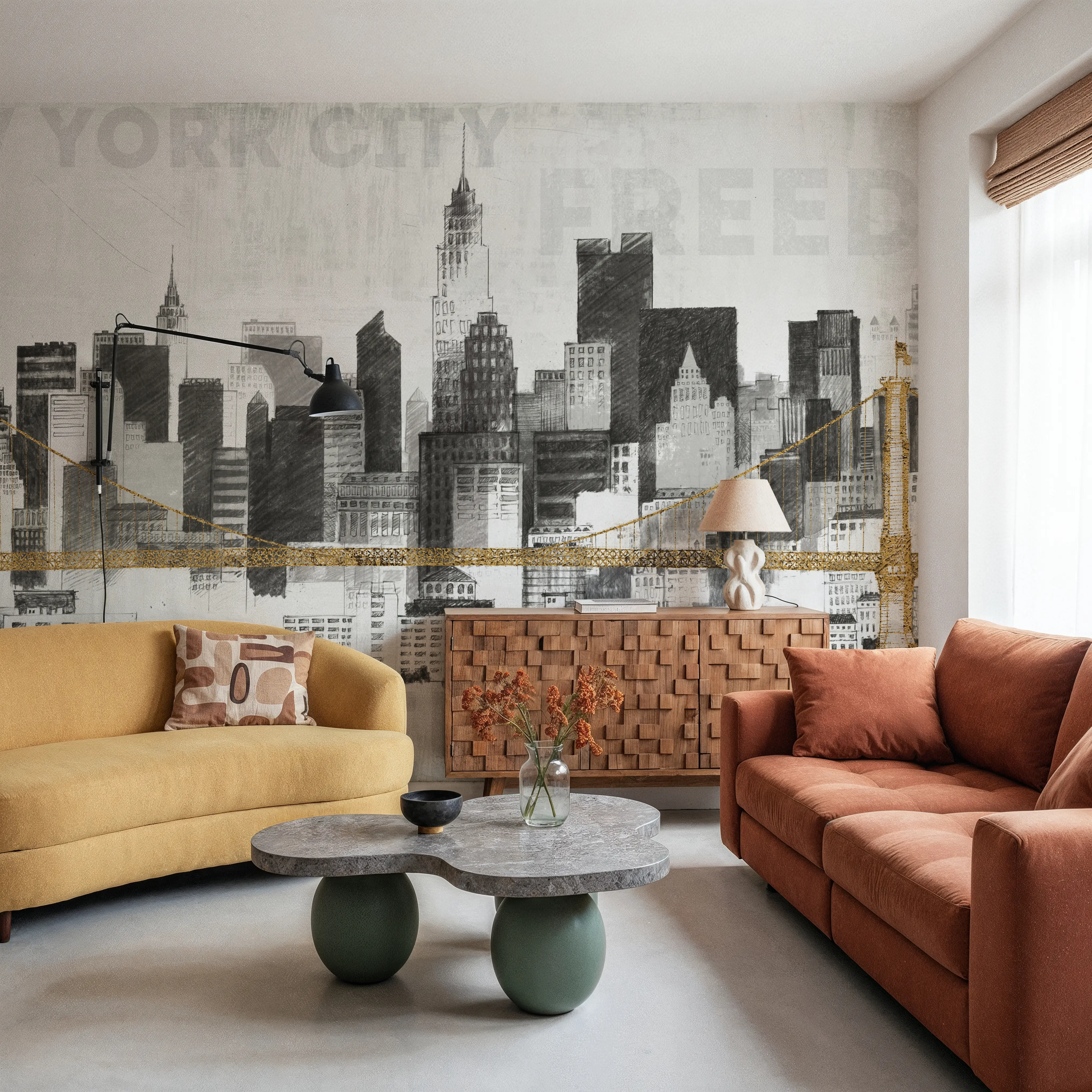Wall Mural - New York Skyline II - Architecture Landscapes mural wallpaper - Gray - Offices - Wallism UK - Peel & Stick or Paste-the-Wall